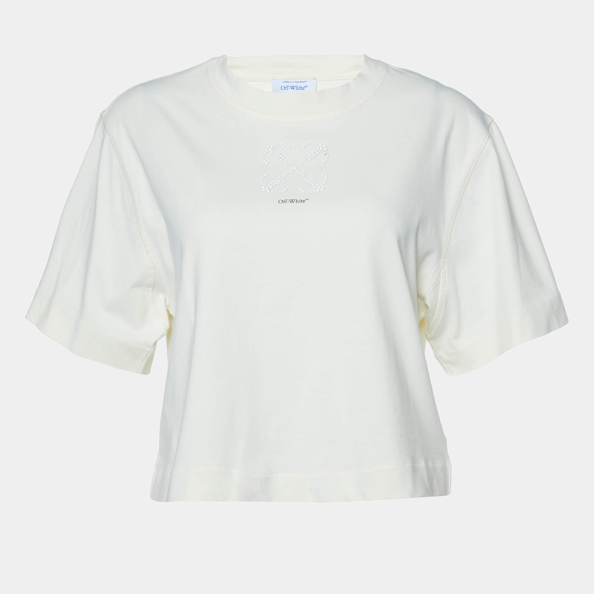 Pre Owned Off-White Cream Cotton Bead Arrow Detail Crop Top S