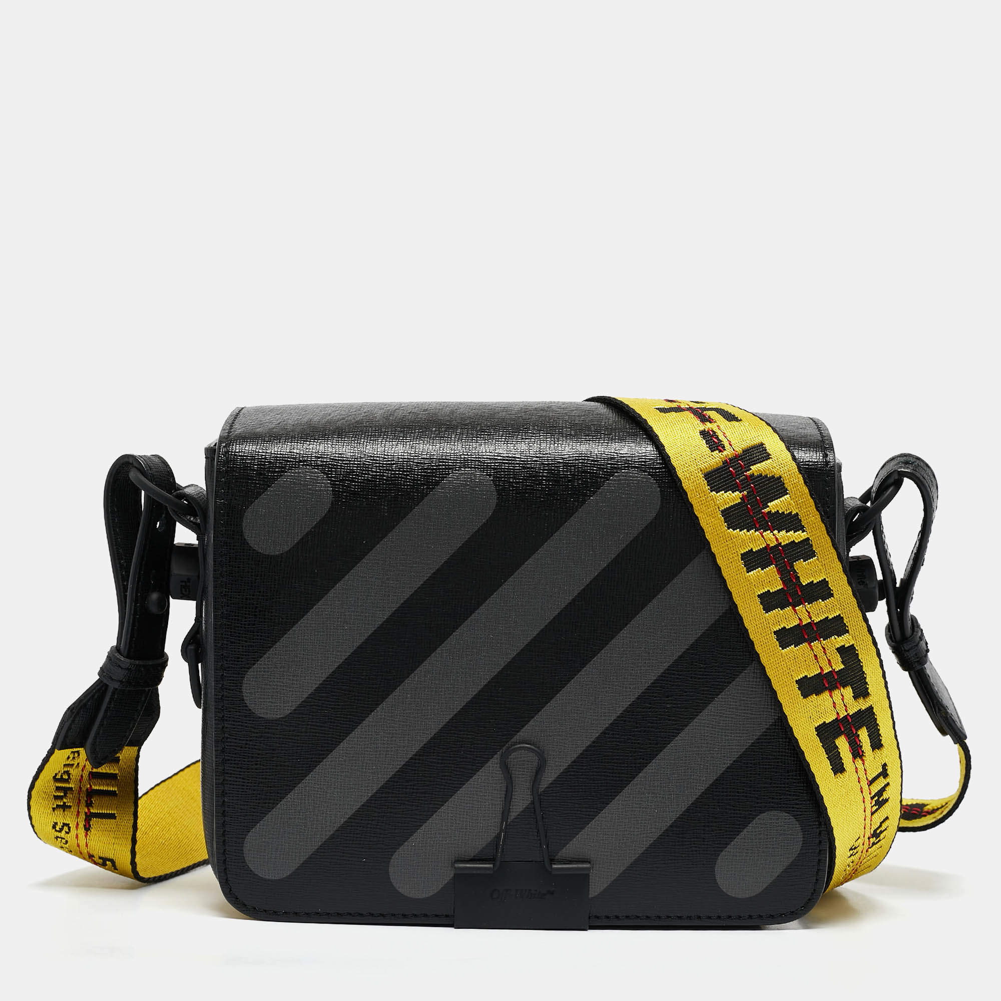 Pre Owned Off-White Black/Grey Diagonal Print Leather Binder Clip Crossbody Bag