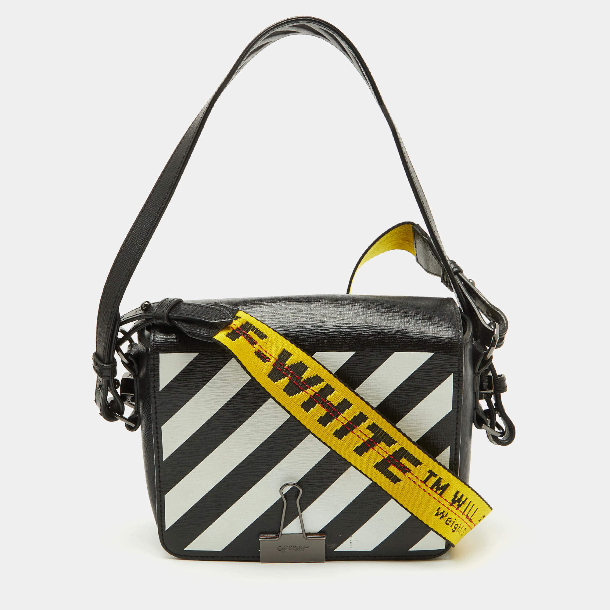 Pre Owned Off-White Black/White Diagonal Print Leather Binder Clip Crossbody Bag