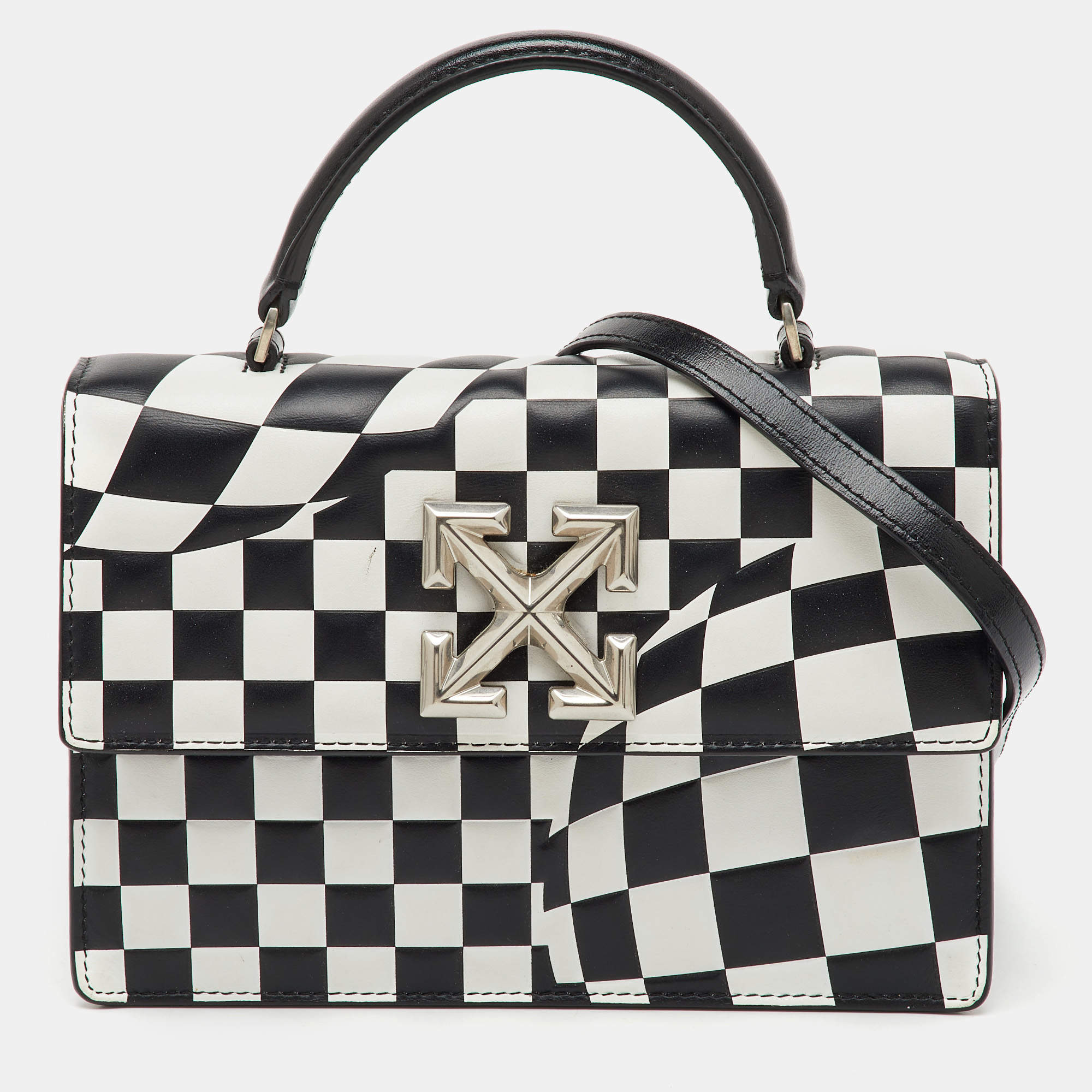 Off-White Black/White Check Printed Leather Jitney Top Handle Bag