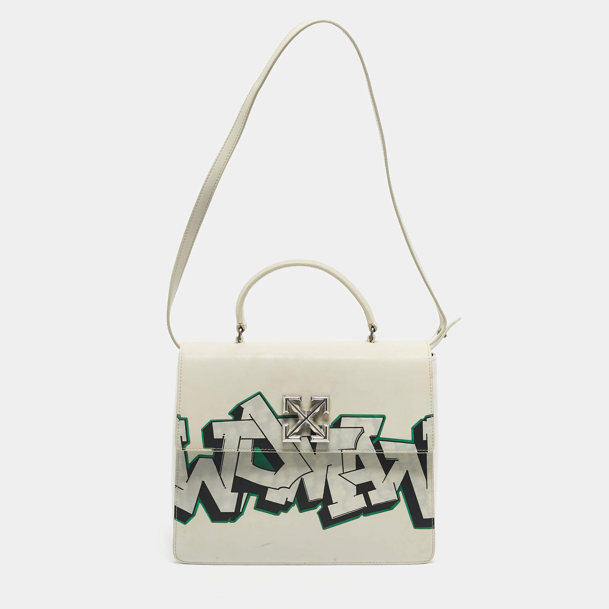 Pre Owned Off-White White Leather Graffiti 4.3 Jitney Top Handle Bag