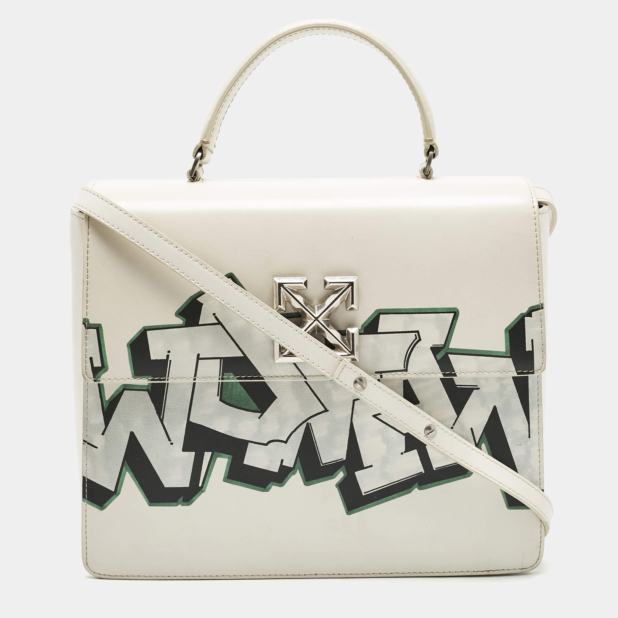 Pre Owned Off-White White Leather Graffiti 2.8 Jitney Top Handle Bag
