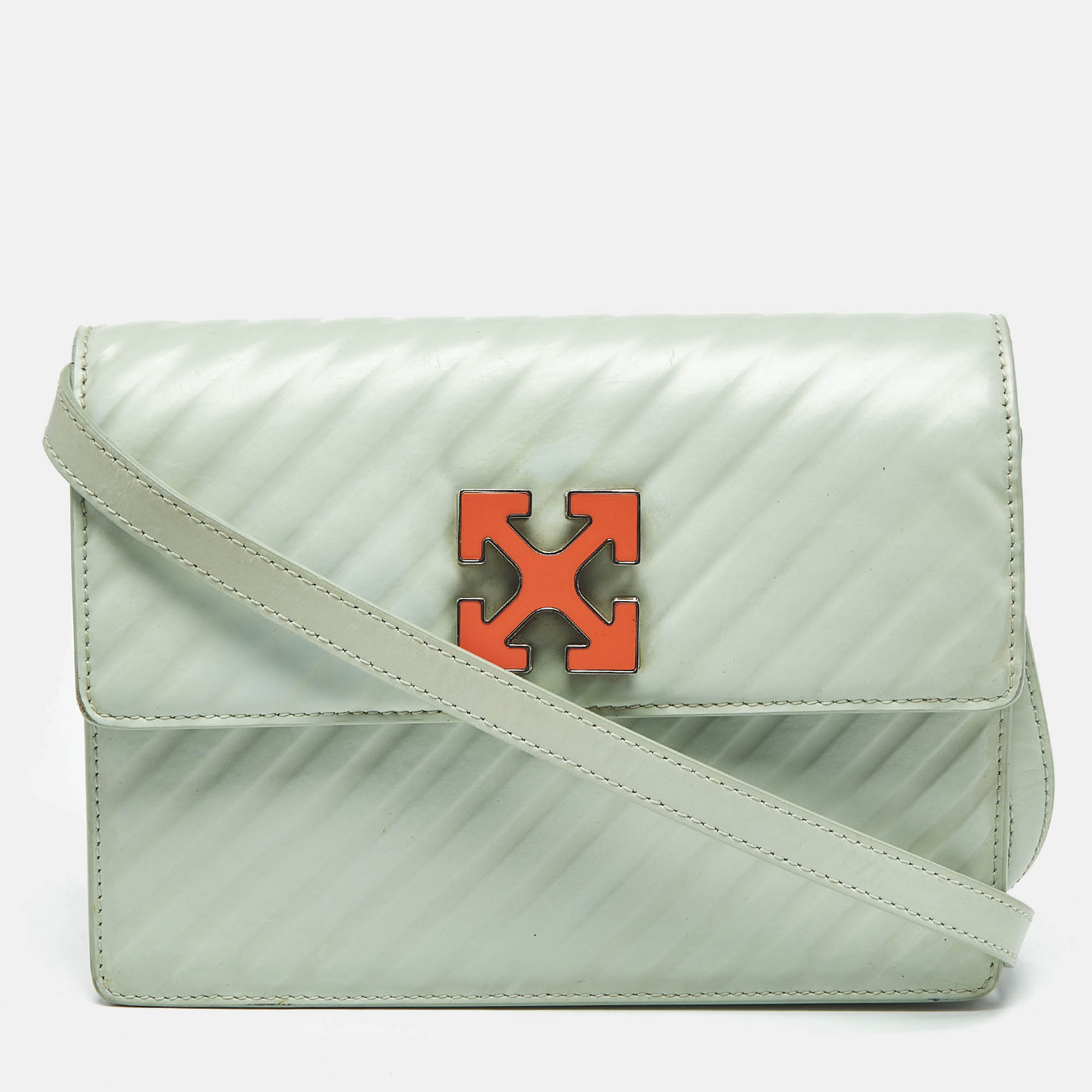 Pre Owned Off-White Mint Green Diagonal Quilted Leather Jitney 2.0 Shoulder Bag