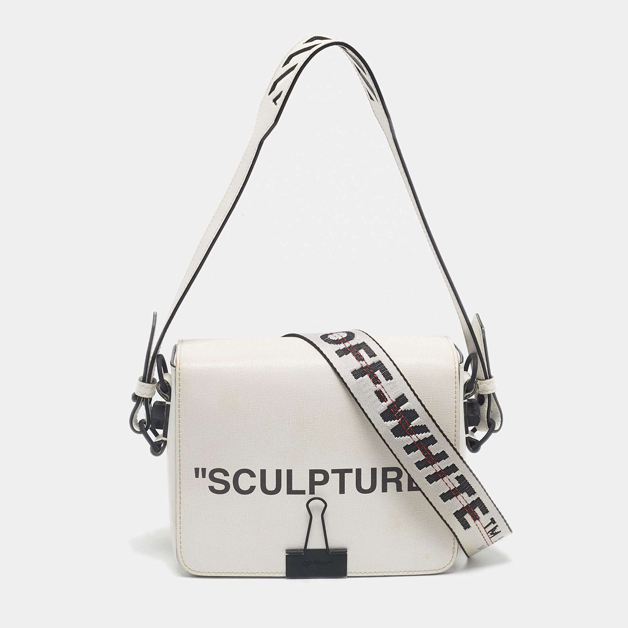 Pre Owned Off-White White/Black Leather Sculpture Binder Clip Crossbody Bag