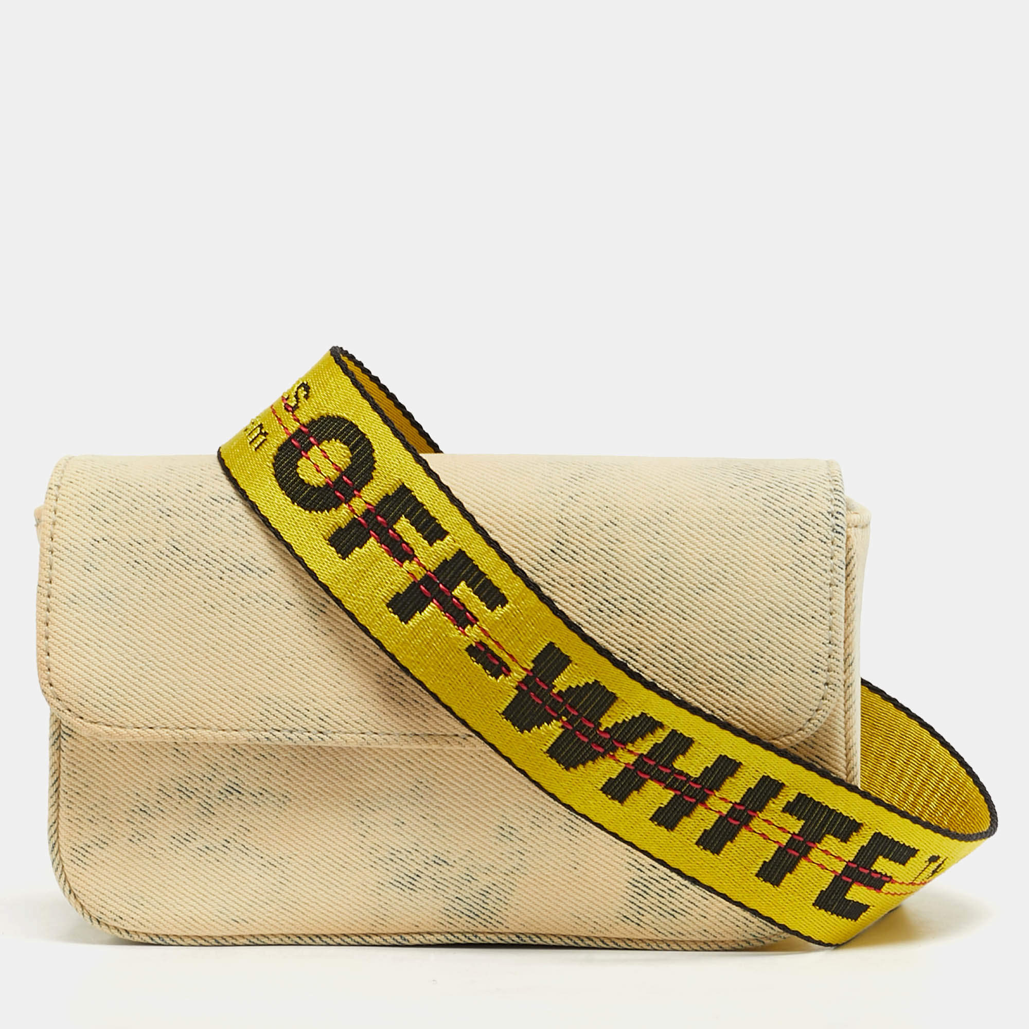 Pre Owned Off-White Cream/Yellow Denim Flap Crossbody Bag