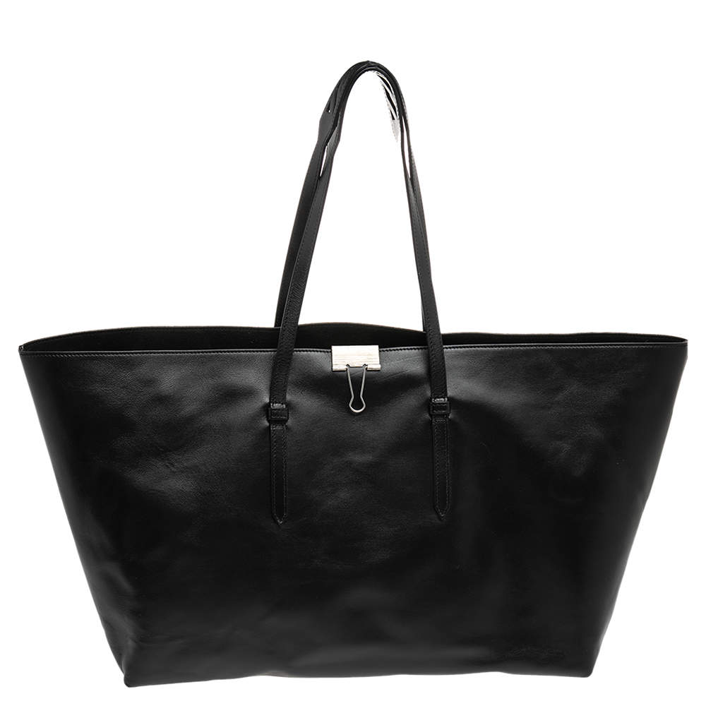 Pre Owned Off-White Black Leather Clip Motif Tote
