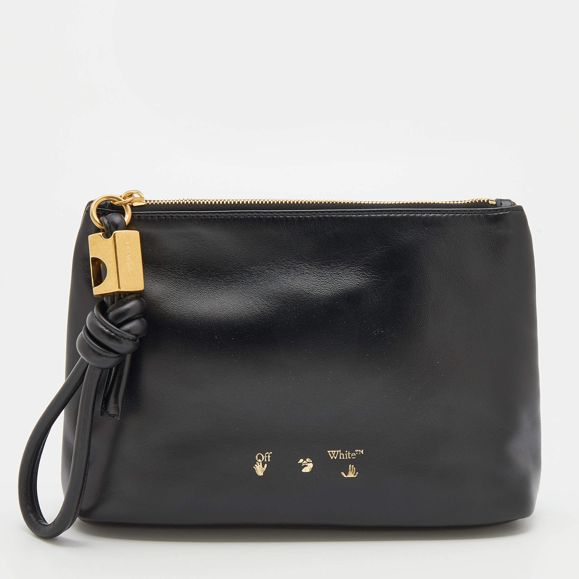 Pre Owned Off-White Black Leather Off Hands Zipped 25 Pouch