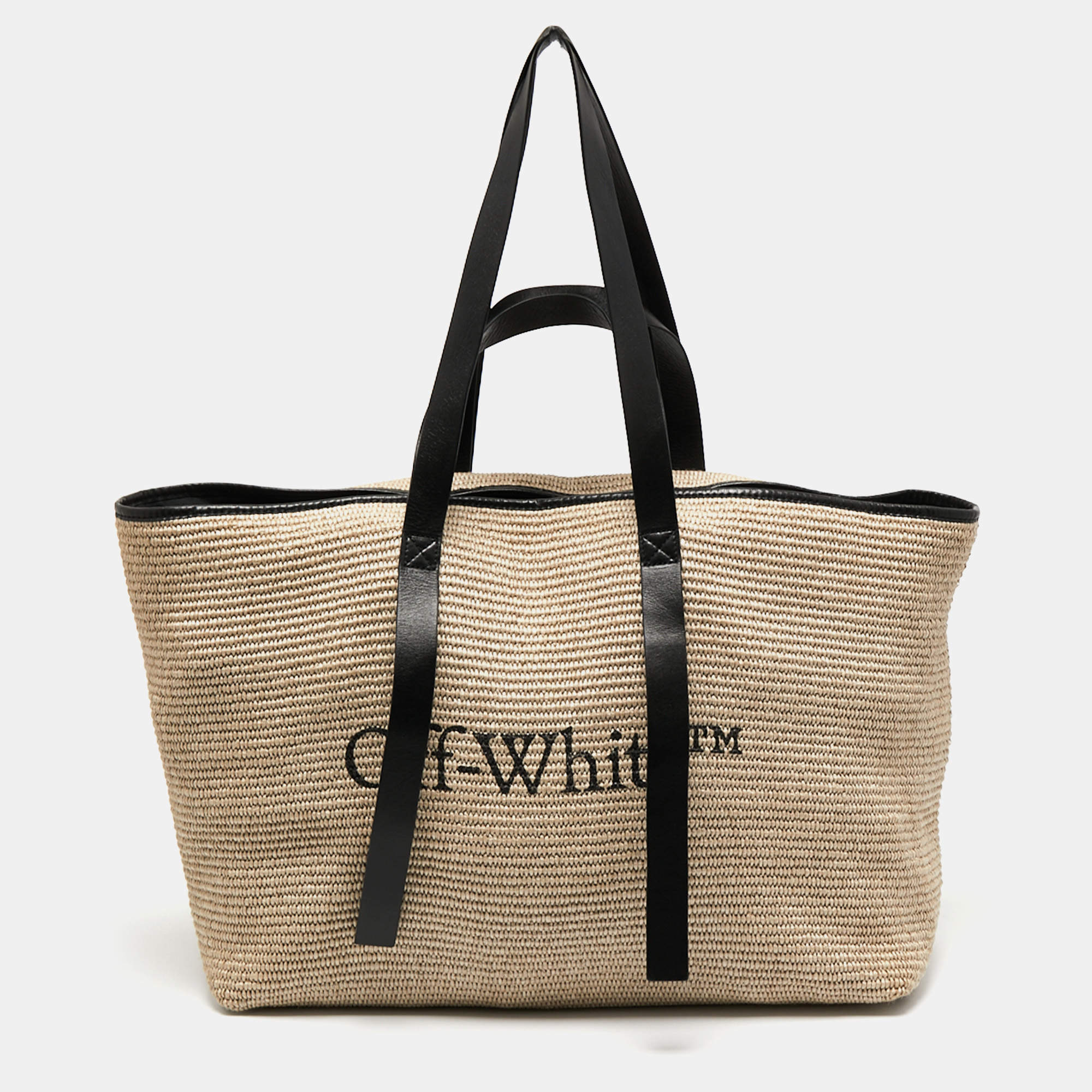 Pre Owned Off-White Beige/Black Raffia and Leather Commercial Tote