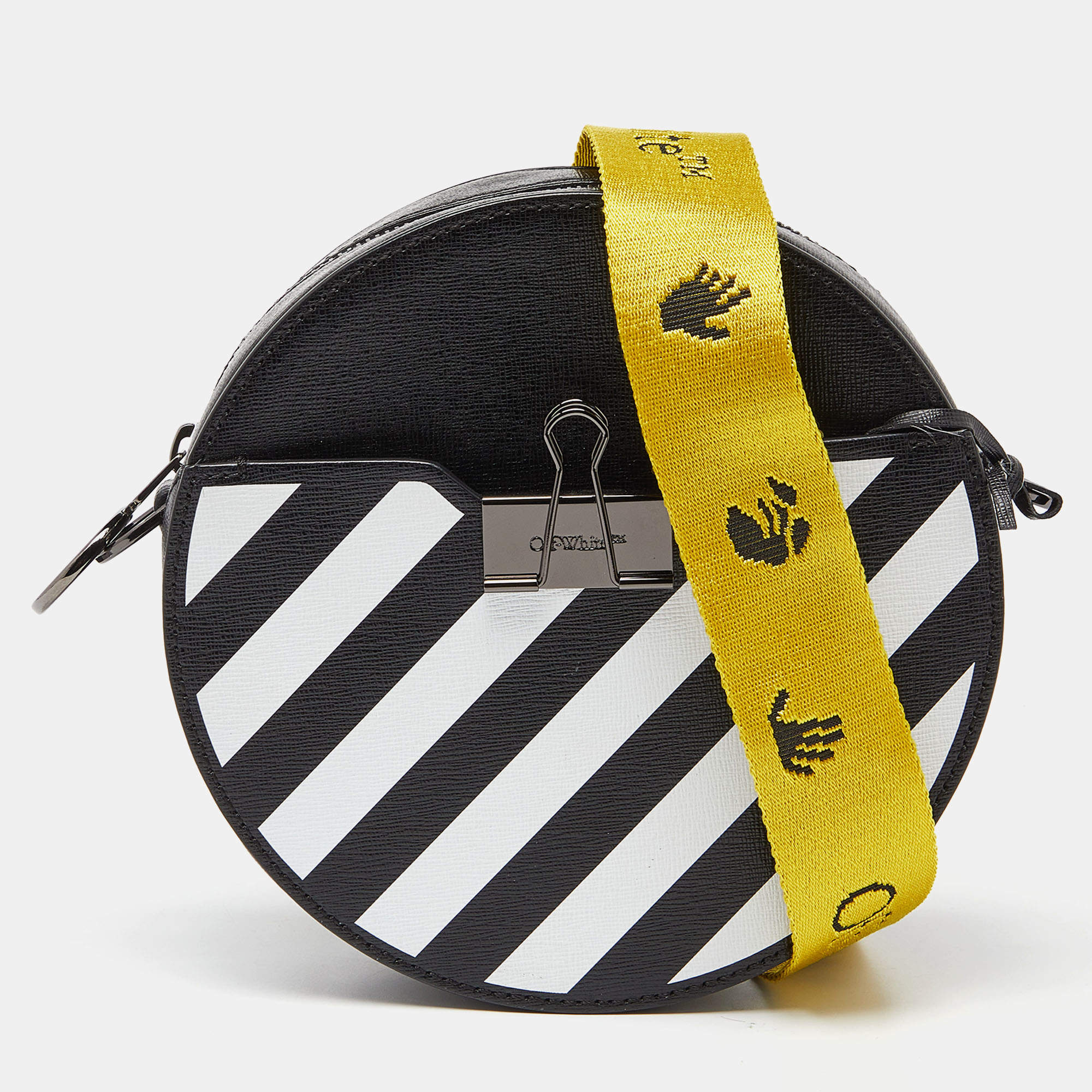 Pre Owned Off-White Black/White Diagonal Striped Leather Round Crossbody Bag