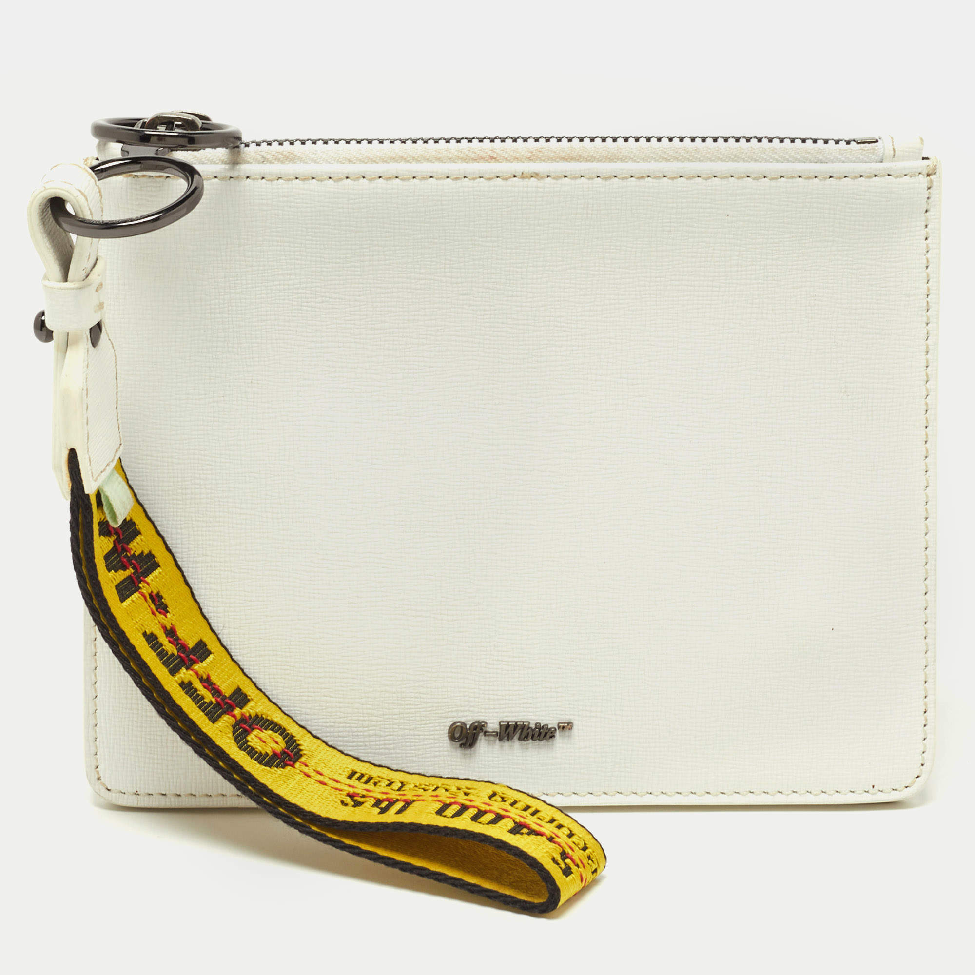 Off-White White/Black Leather Double Flat Wristlet Pouch