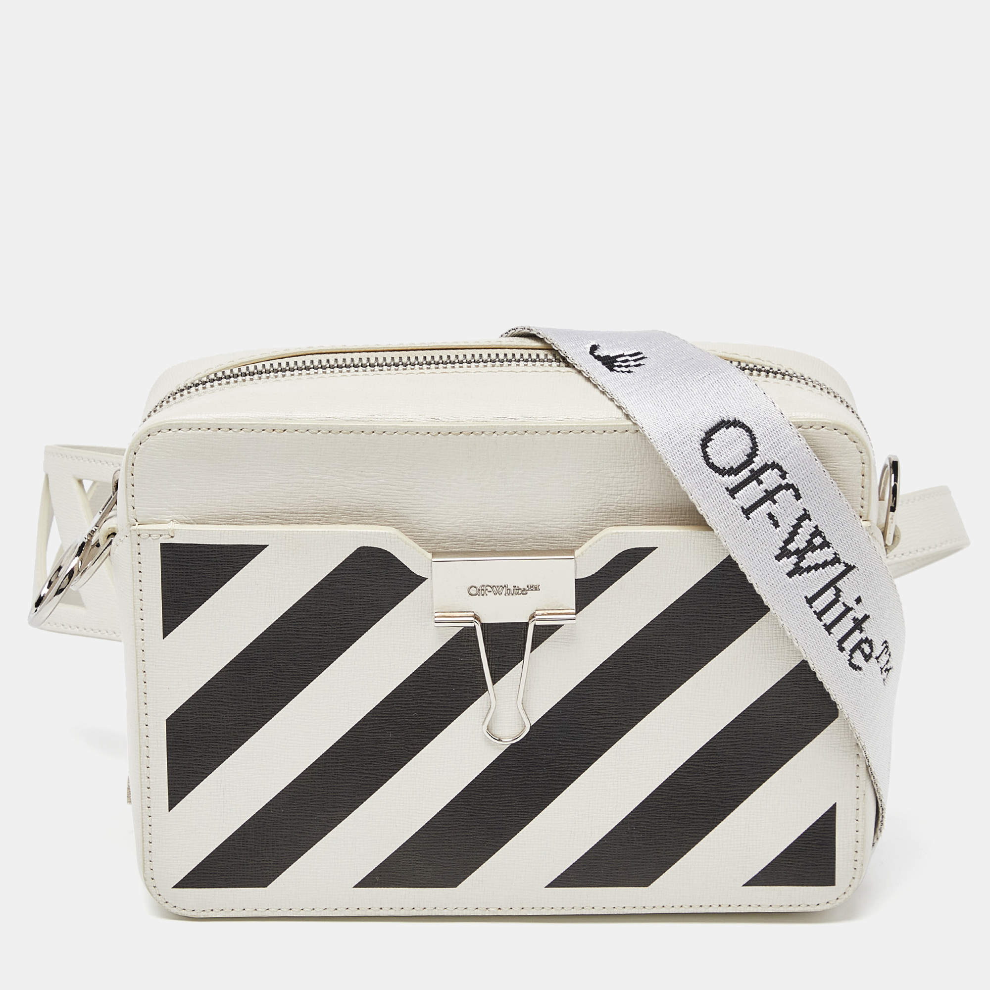 Off-White Black/White Diagonal Print Leather Covertible Belt Crossbody Bag