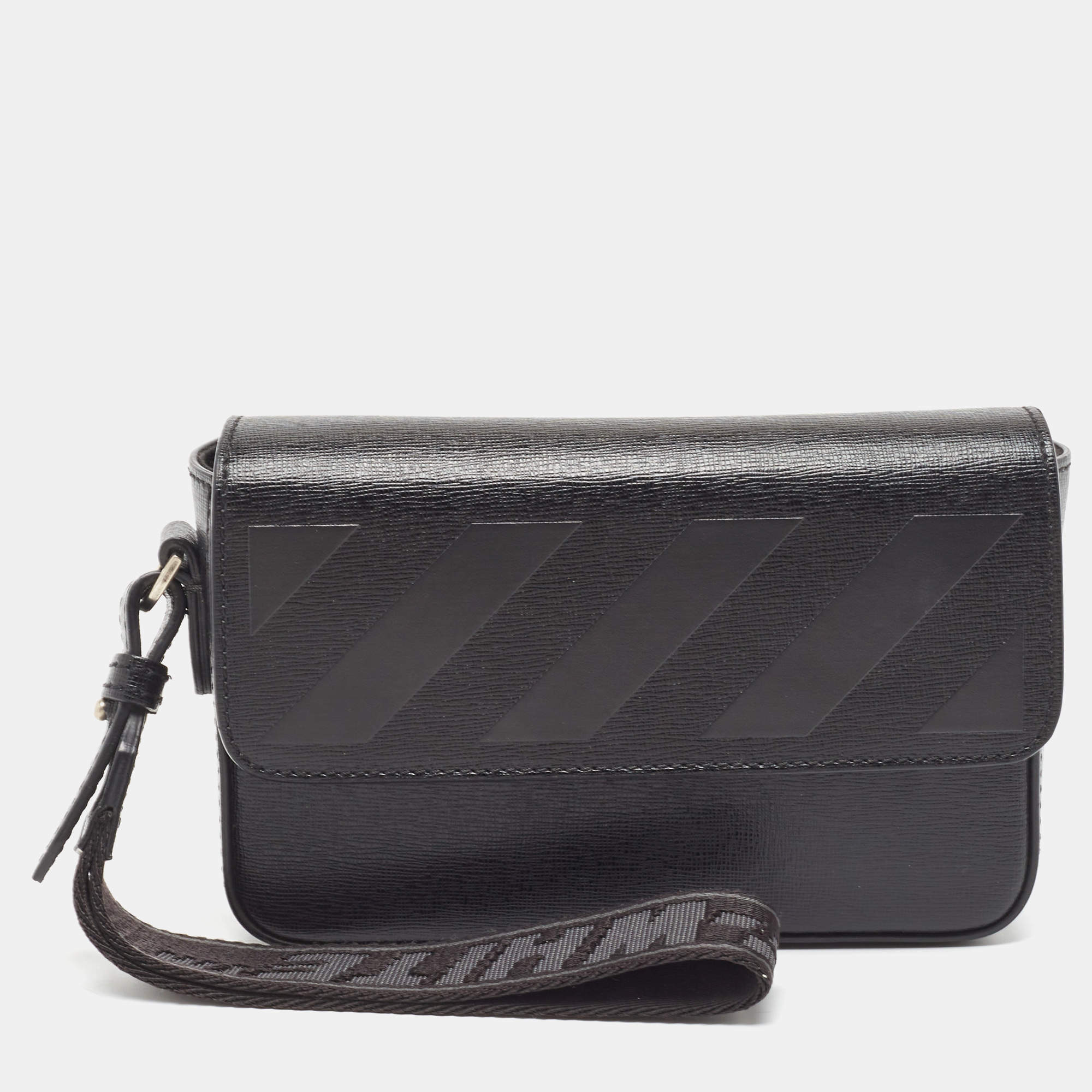Pre Owned Off-White Black Leather Flap Wristlet Clutch