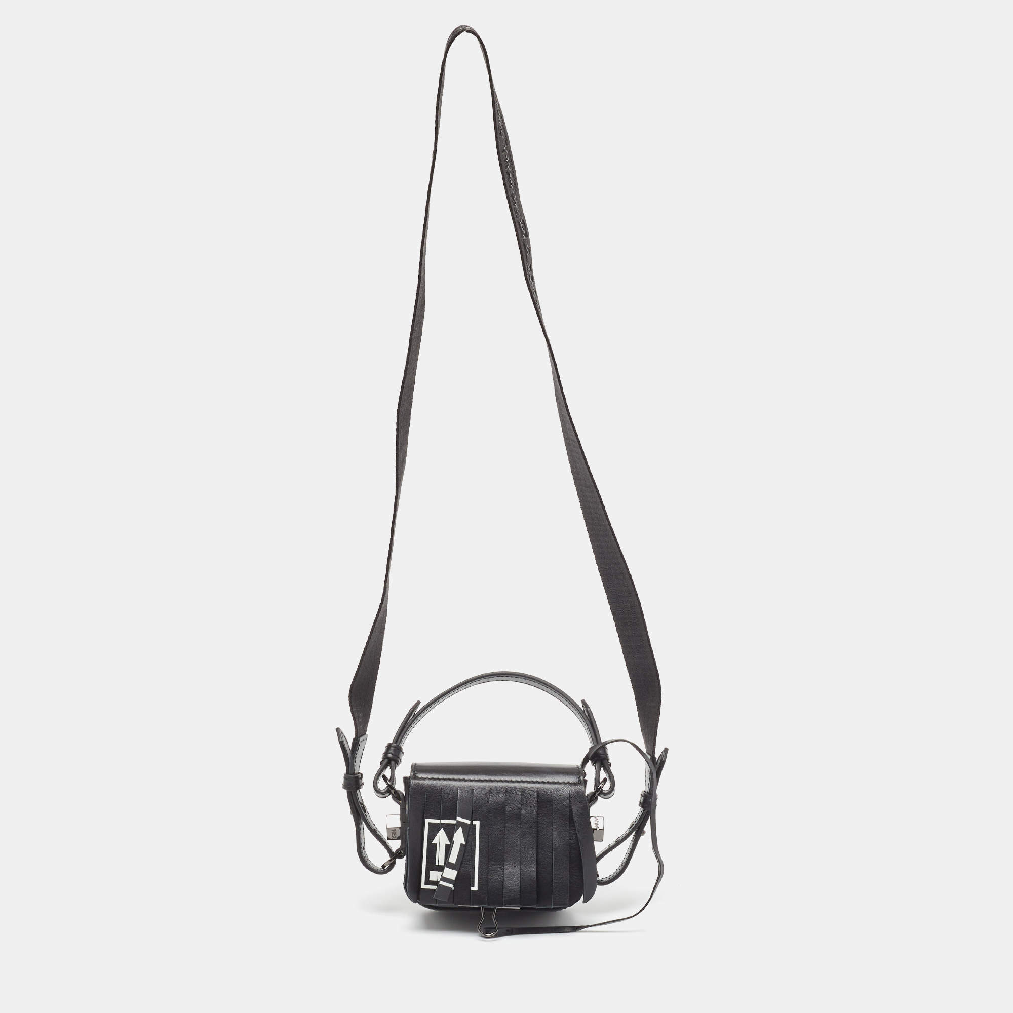 Pre Owned Off-White c/o Virgil Abloh Black Leather Mini Binder Clip Fringe Crossbody Bag