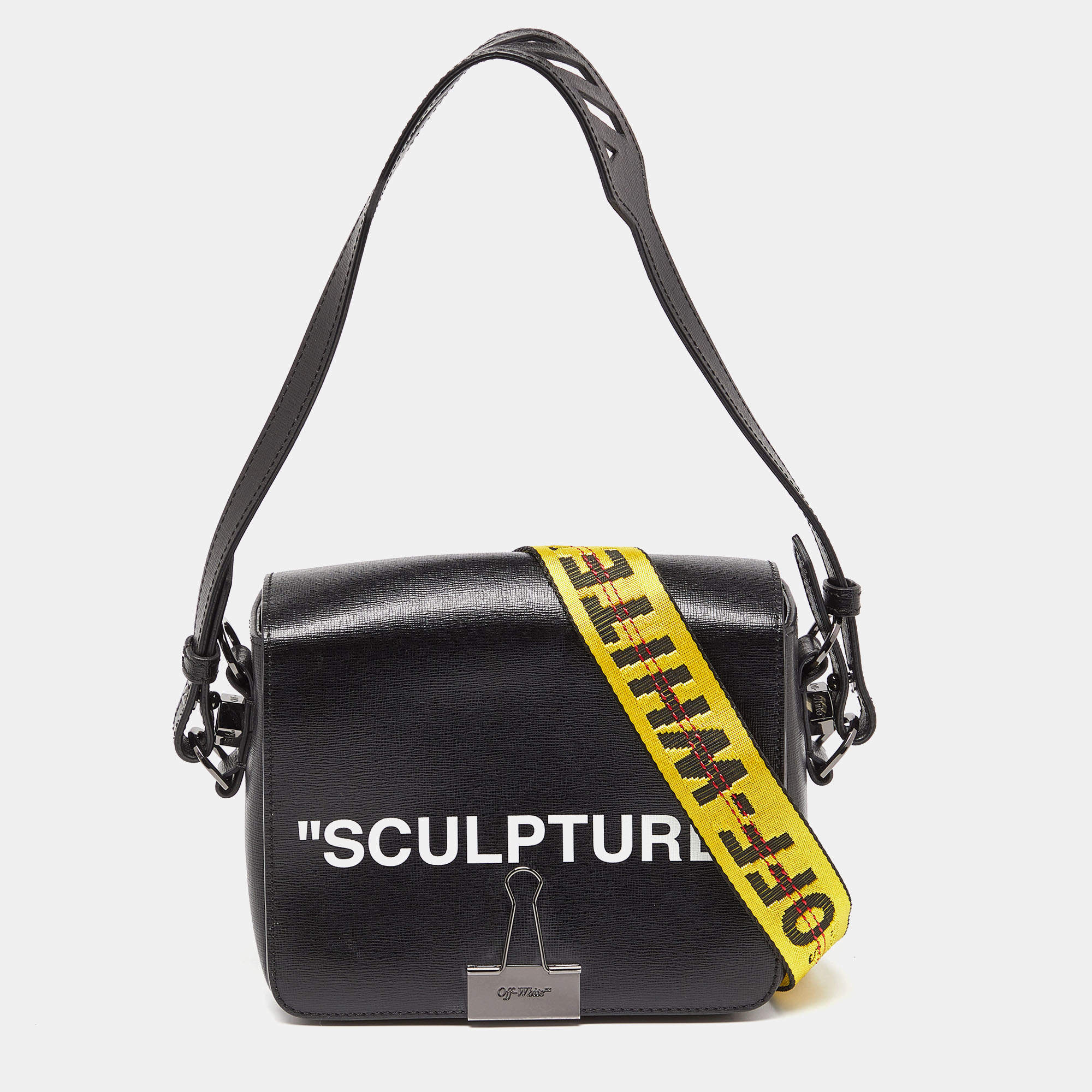 Pre Owned Off-White Black Leather Binder Clip Crossbody Bag