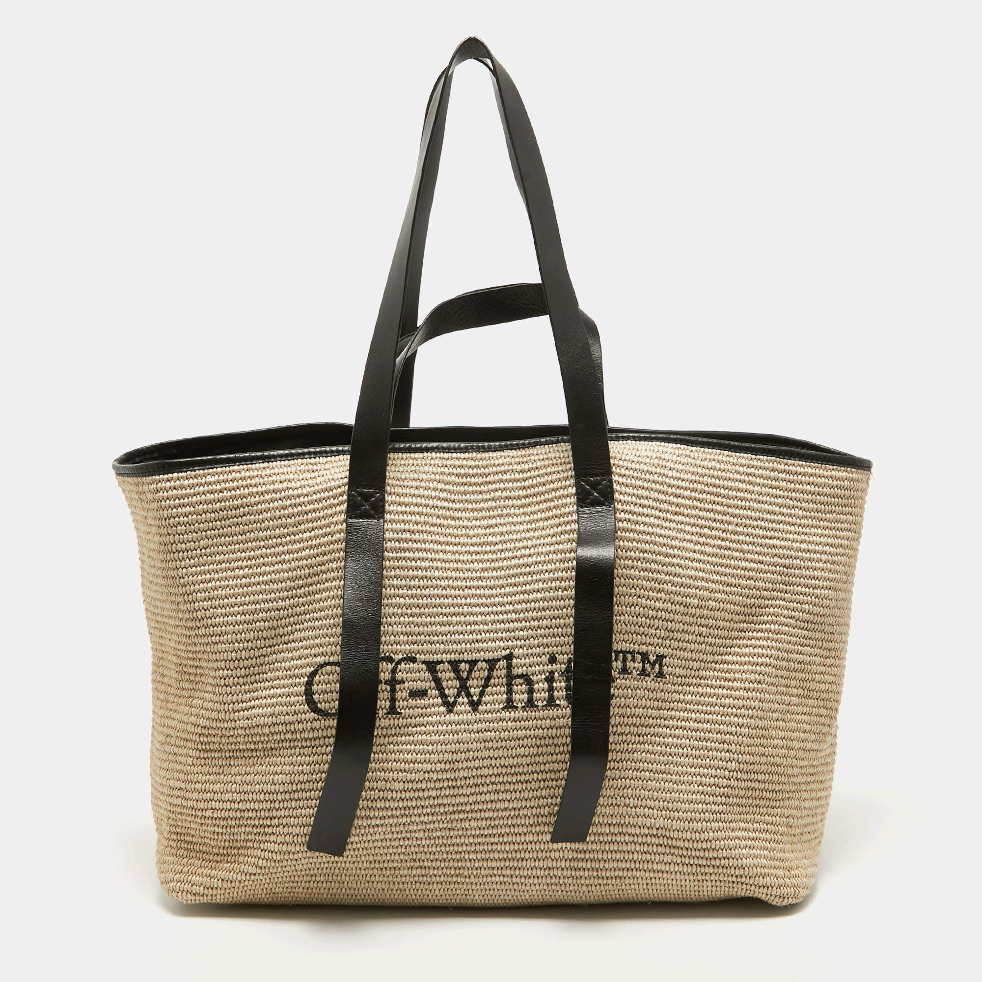 Off-White Beige/Black Straw and Leather Logo Print