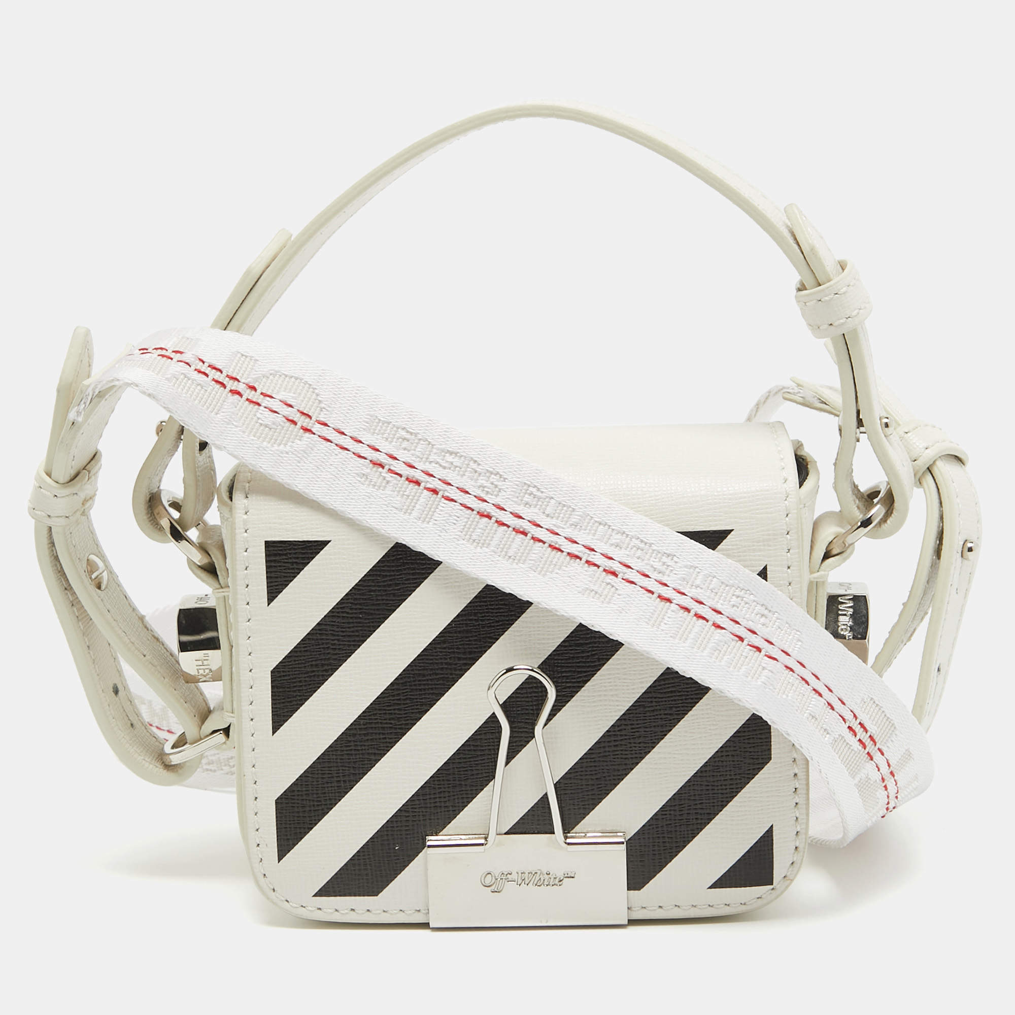 Off-White White/Black Leather Baby Binder Clip Crossbody Bag