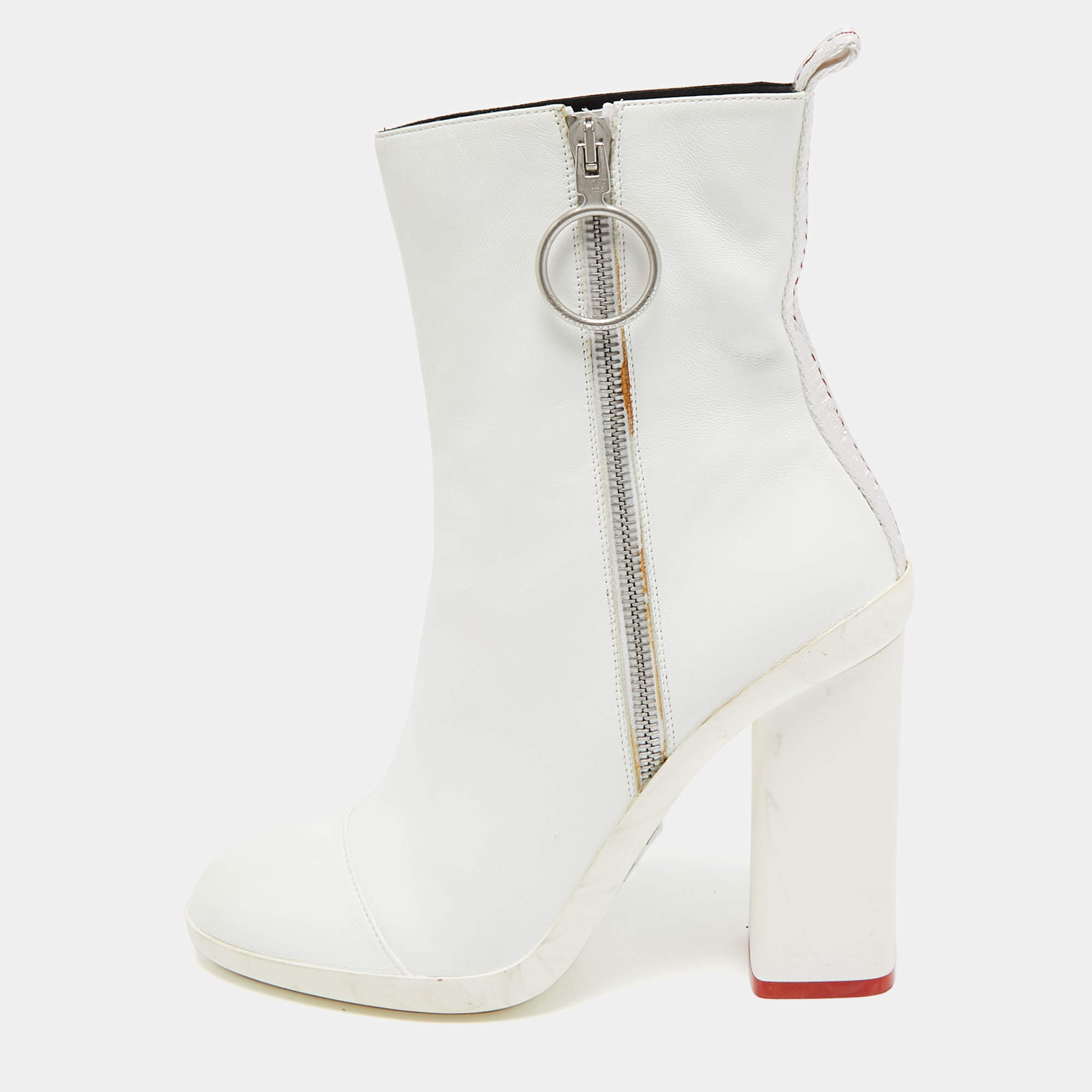Off-White White Leather Block Heel Ankle Length Boots Size 39