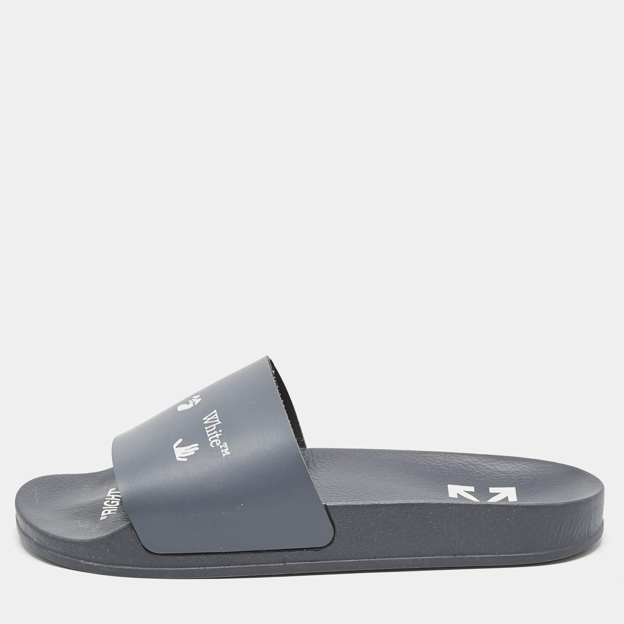 Off-White Blue Leather Logo Pool Slide Flats Size 40