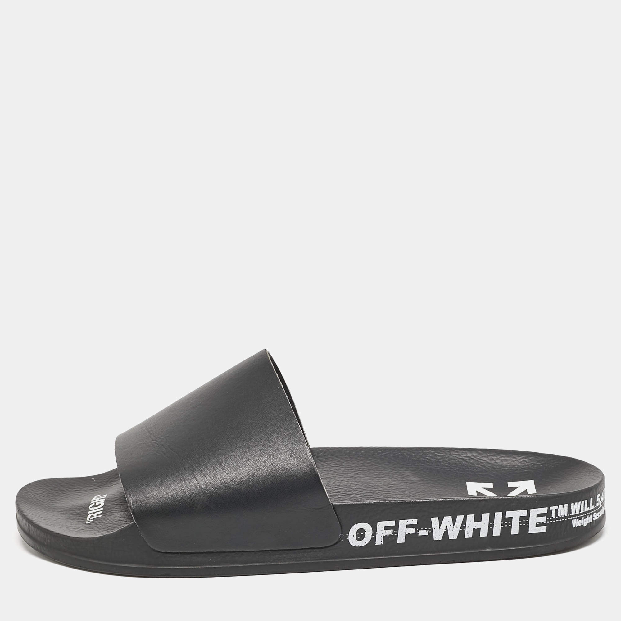 Off-White Black Leather Industrial Flat Slide Sandals Size 40