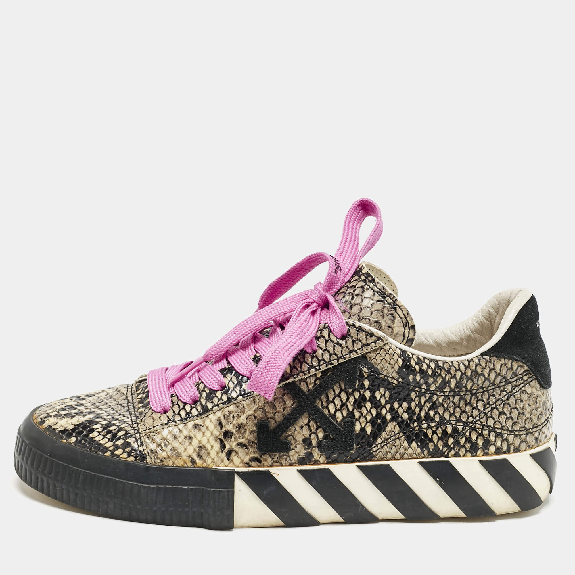 Off-White Beige/Black Python Embossed Leather Vulcanised Low Top Sneakers Size 39