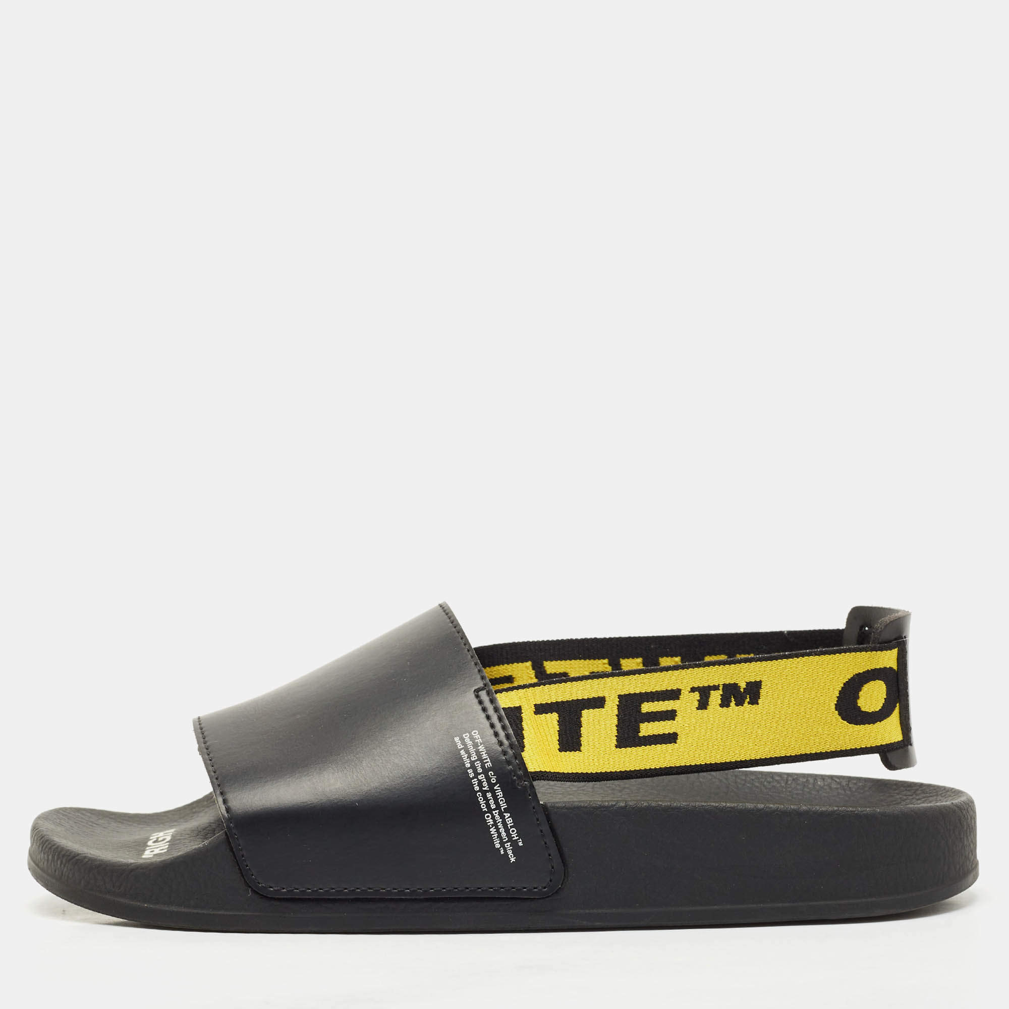 Off-White Black Rubber and Leather Industrial Belt Slingback Slide Sandals Size 39