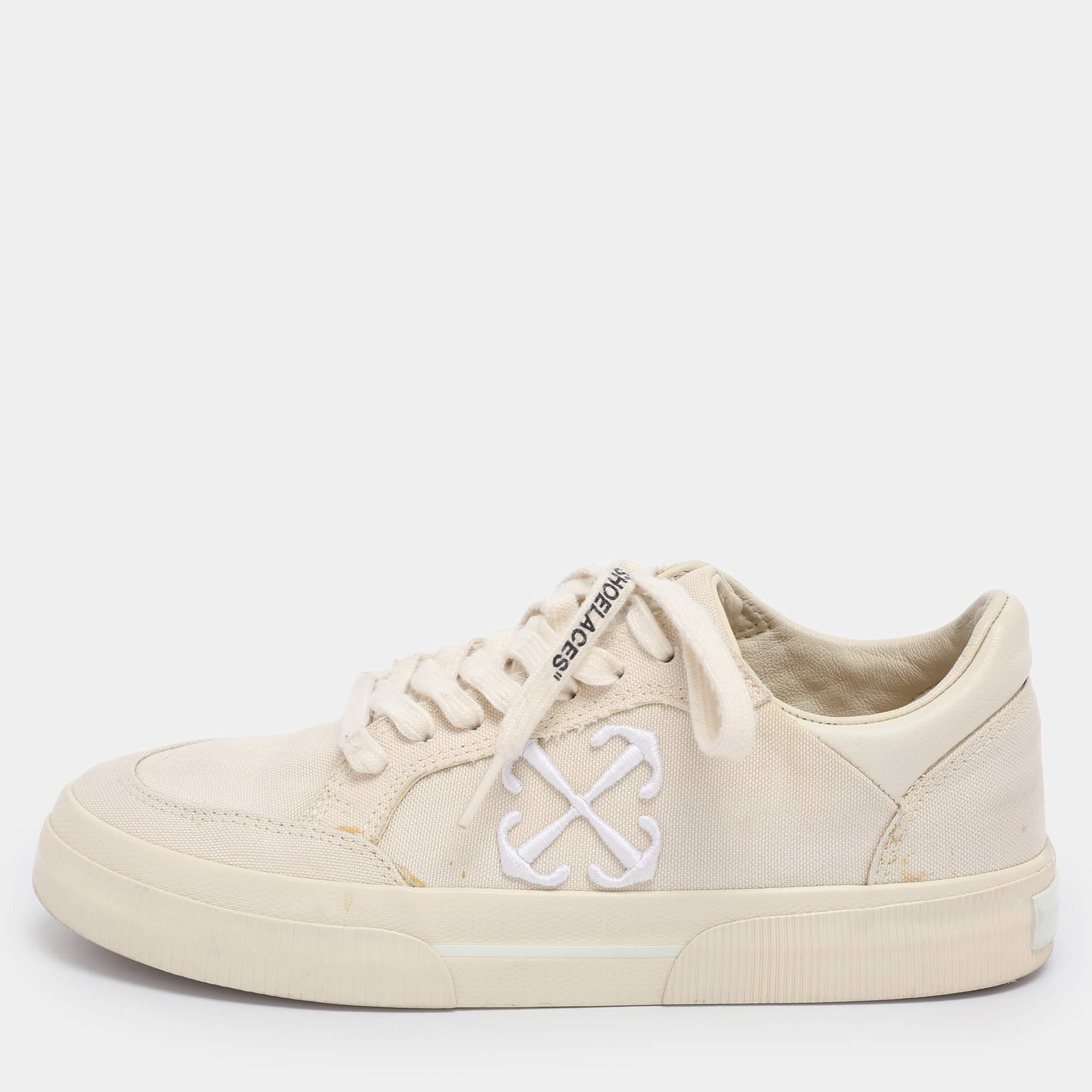 Pre Owned Off-White Beige Canvas and Leather Vulcanised Low Top Sneakers Size 38