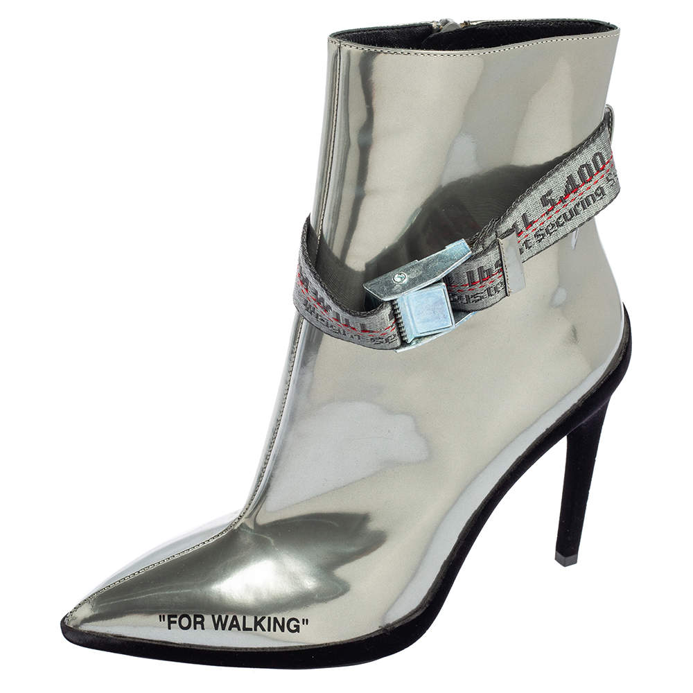 Pre Owned Off White Silver Patent  Pointed Toe Ankle Booties Size 37