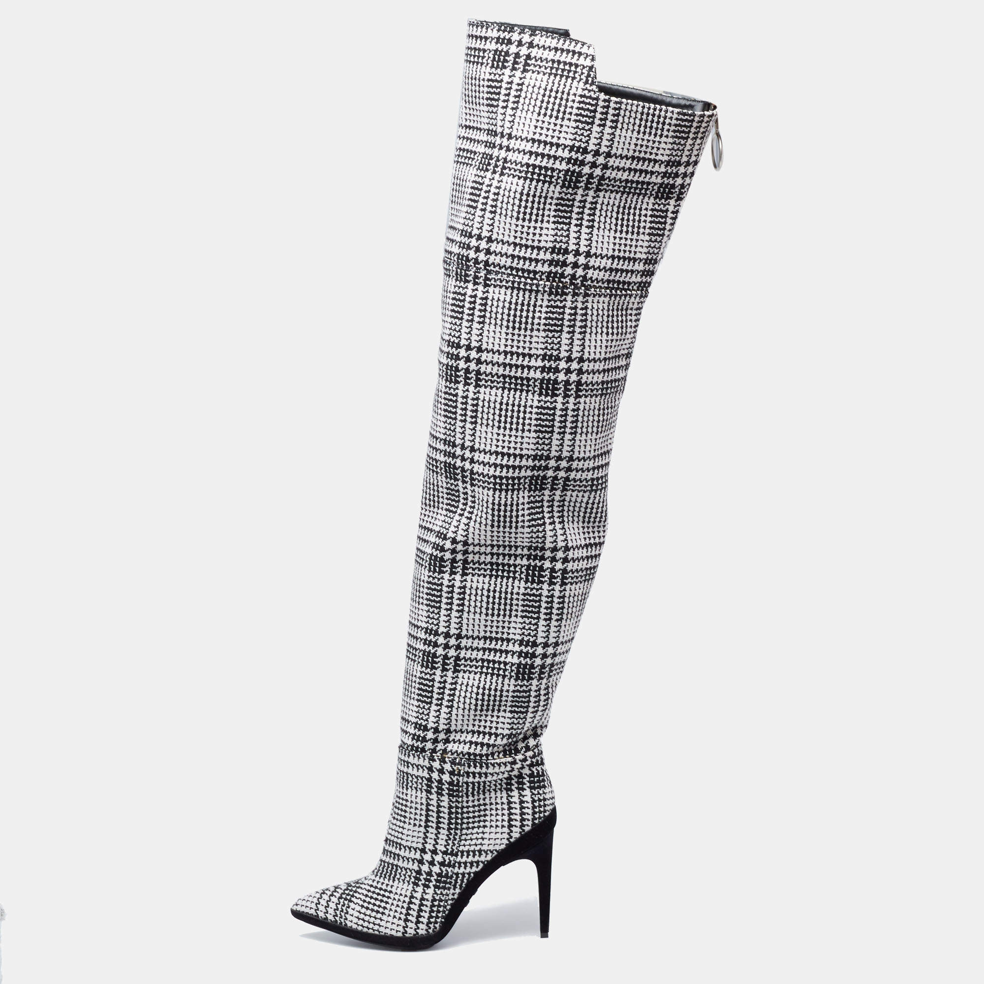 Pre Owned Off-White Black/White Knit Fabric Over the Knee Boots Size 39