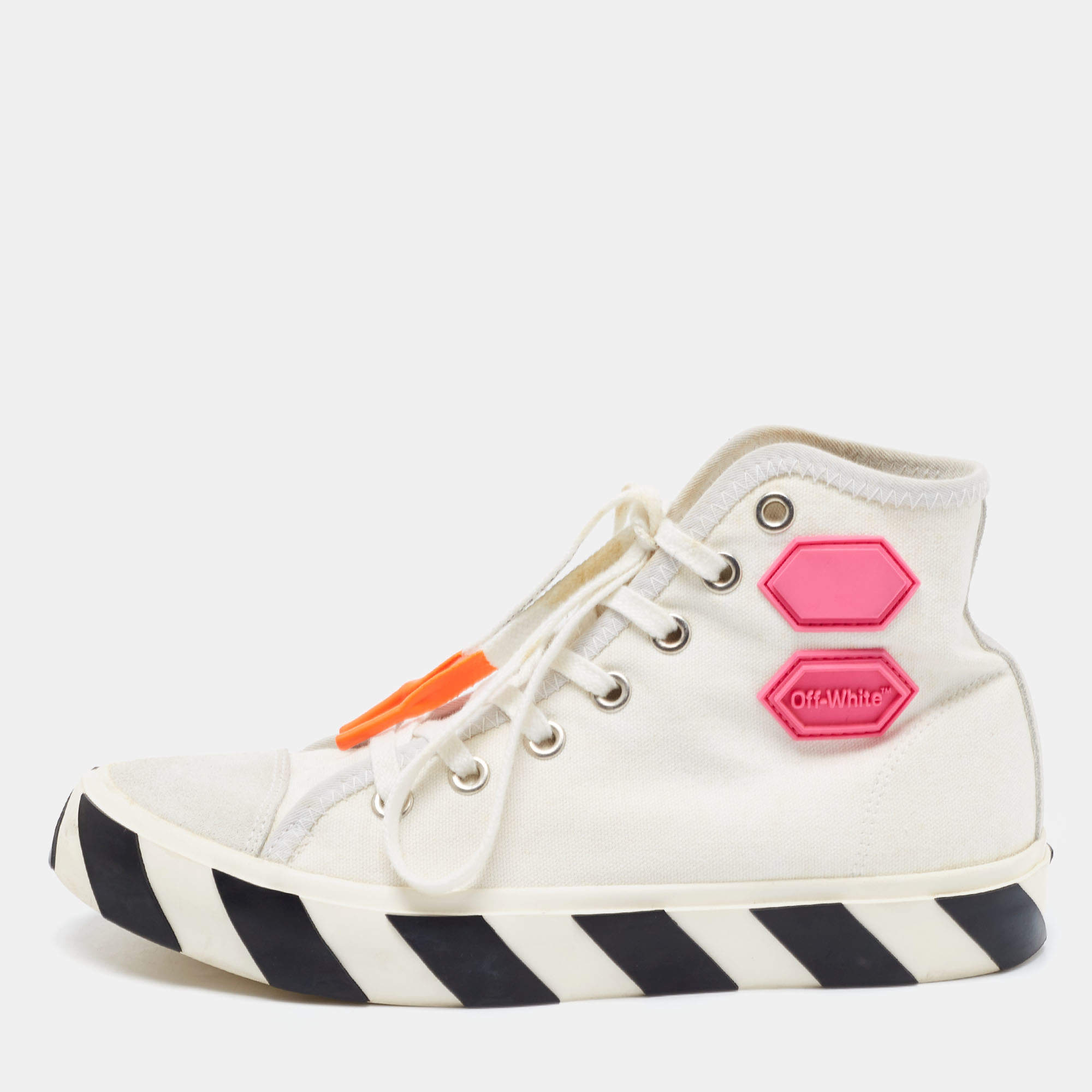 Pre Owned Off White White/Grey Canvas and Suede High Top Arrow Sneakers Size 40