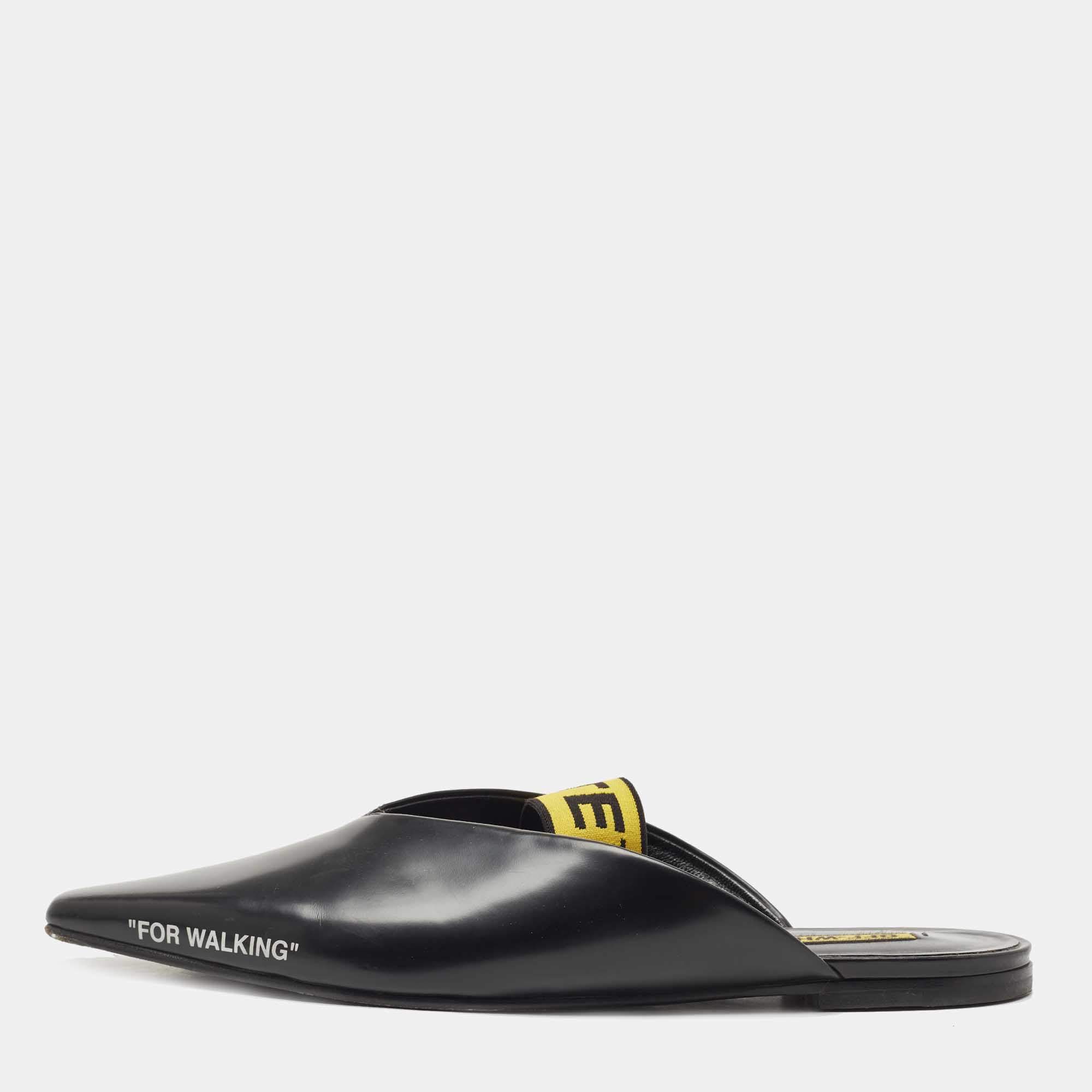 Off-White Black/Yellow Leather and Logo Elastic Flat Mules Size 40