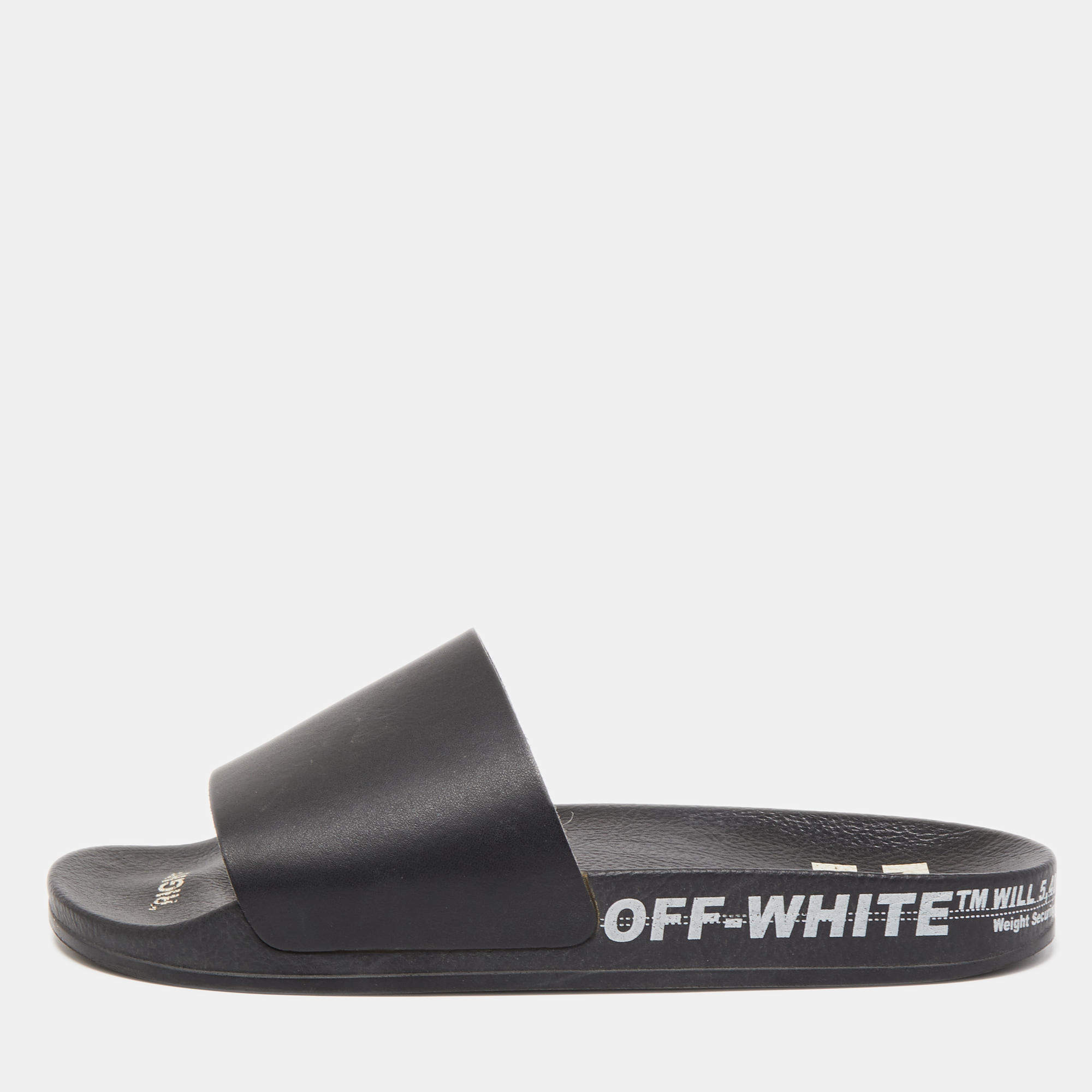 Pre Owned Off-White Black Leather Printed Flat Slides Size 40