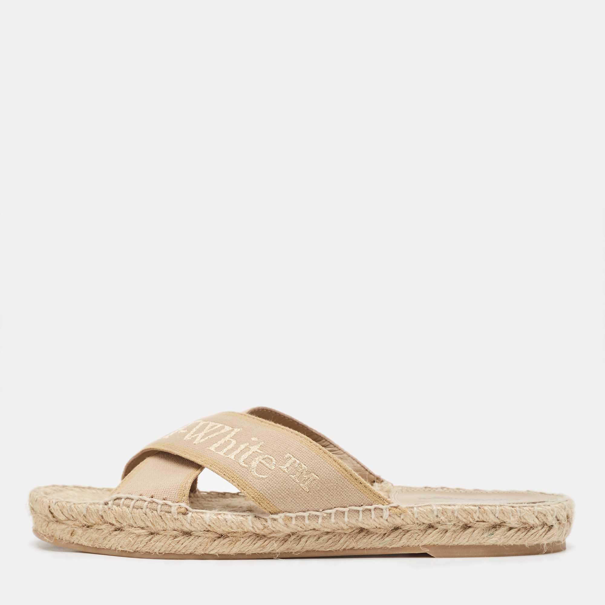 Pre Owned Off-White Beige Logo Embroidered Canvas Flat Espadrille Slides Size 39