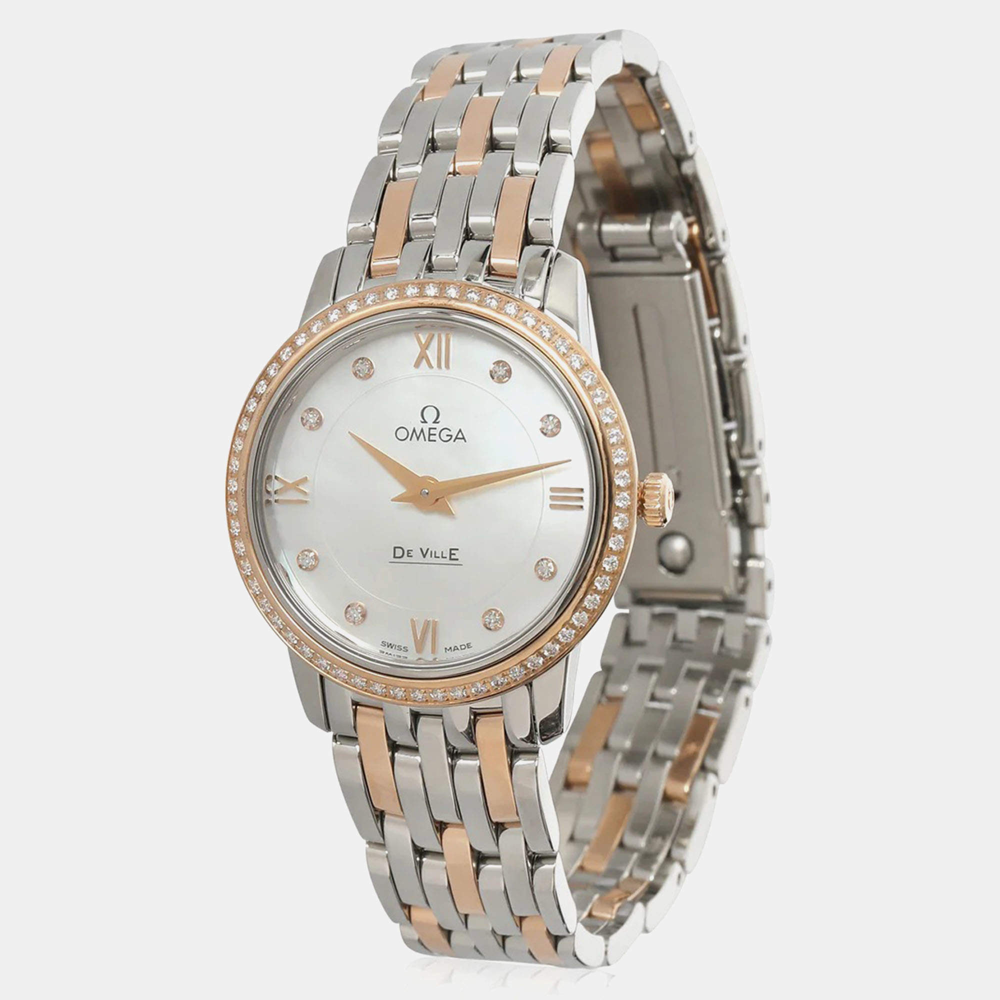 Omega White Mother Of Pearl 18k Rose Gold Stainless Steel De Ville Prestige 424.25.27.60.55.002 Quartz Women's Wristwatch 27 mm