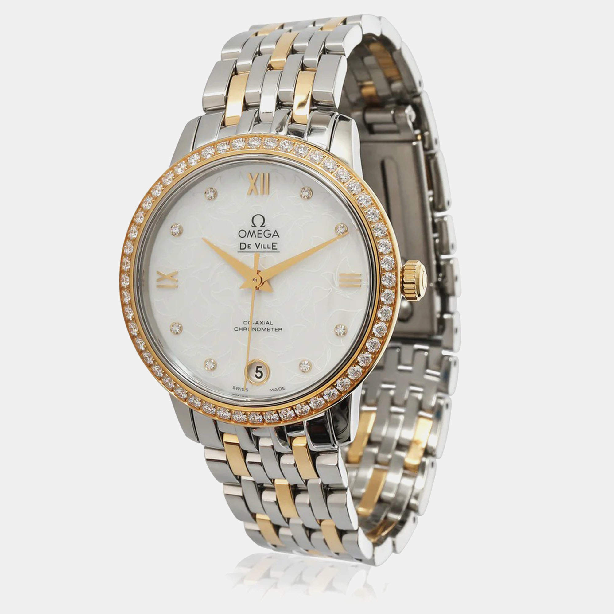 Omega White Mother Of Pearl 18k Yellow Gold Stainless Steel De Ville Prestige 424.25.33.20.55.004 Automatic Women's Wristwatch 33 mm