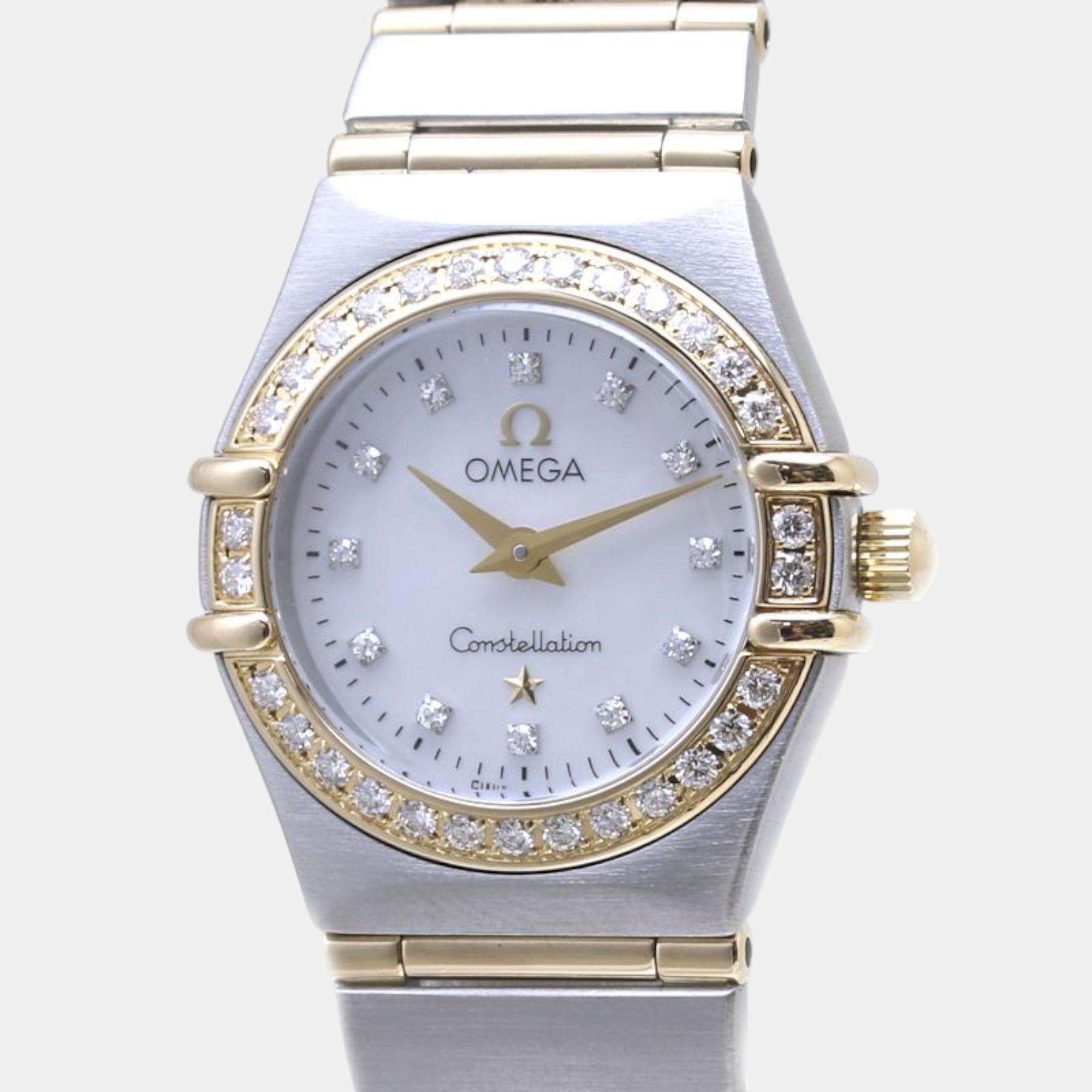 Omega White Diamond 18k Yellow Gold Stainless Steel Constellation 1267.75 Quartz Women's Wristwatch 22 mm