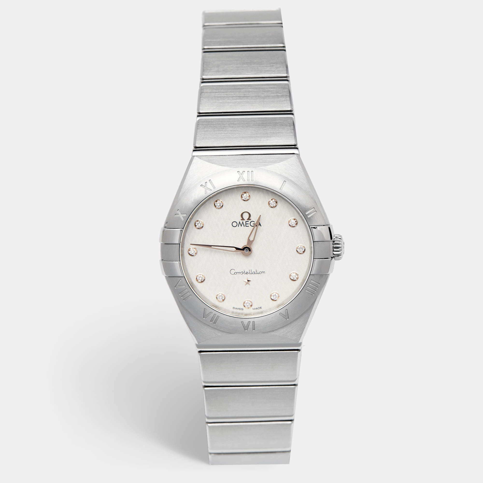 Pre Owned Omega Silver Diamond Stainless Steel Constellation 133.10.28.60.52.001 Women's Wristwatch 28 mm