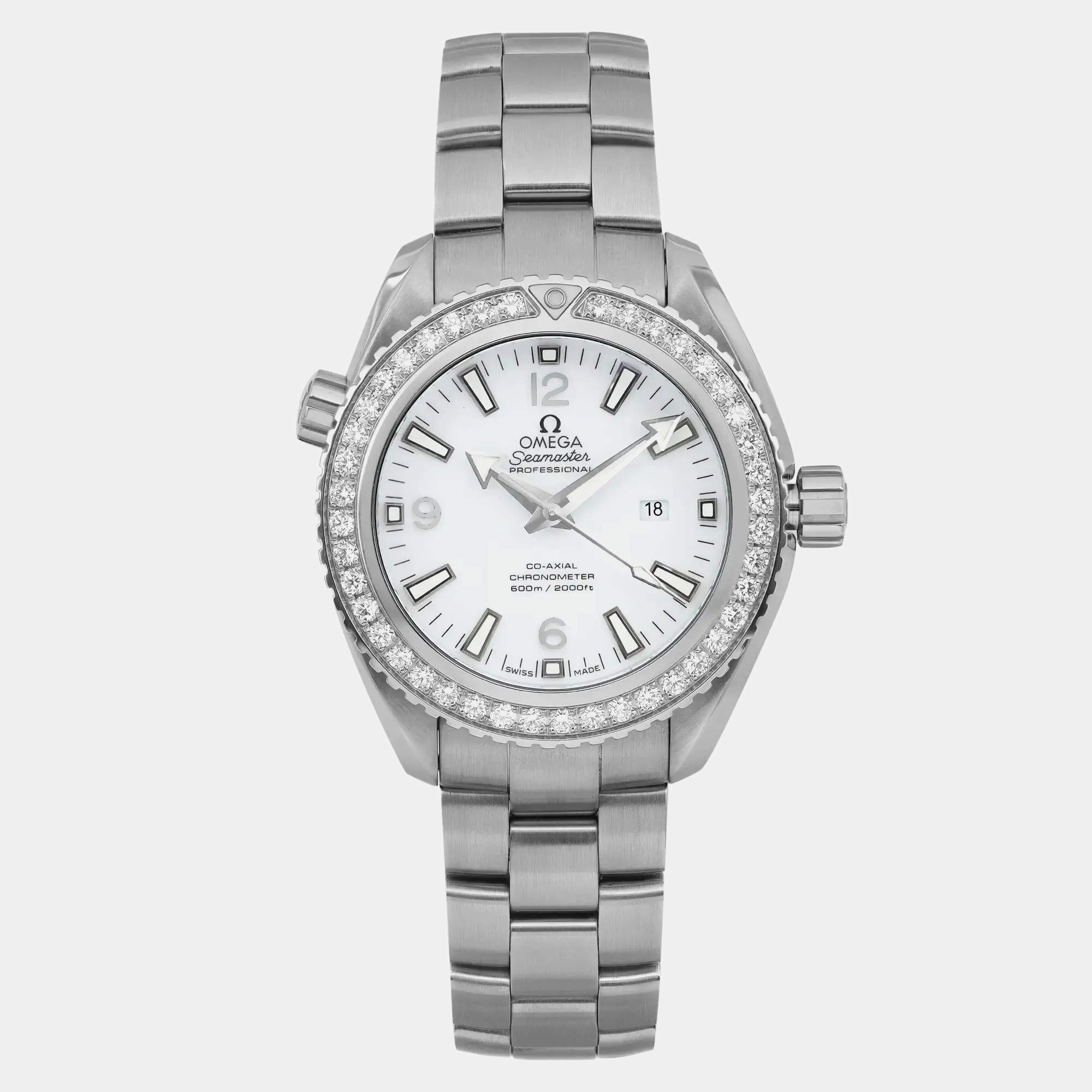 Omega White Stainless Steel Diamond Seamaster Planet Ocean 232.15.38.20.04.001 Automatic Men's Wristwatch 37.5mm