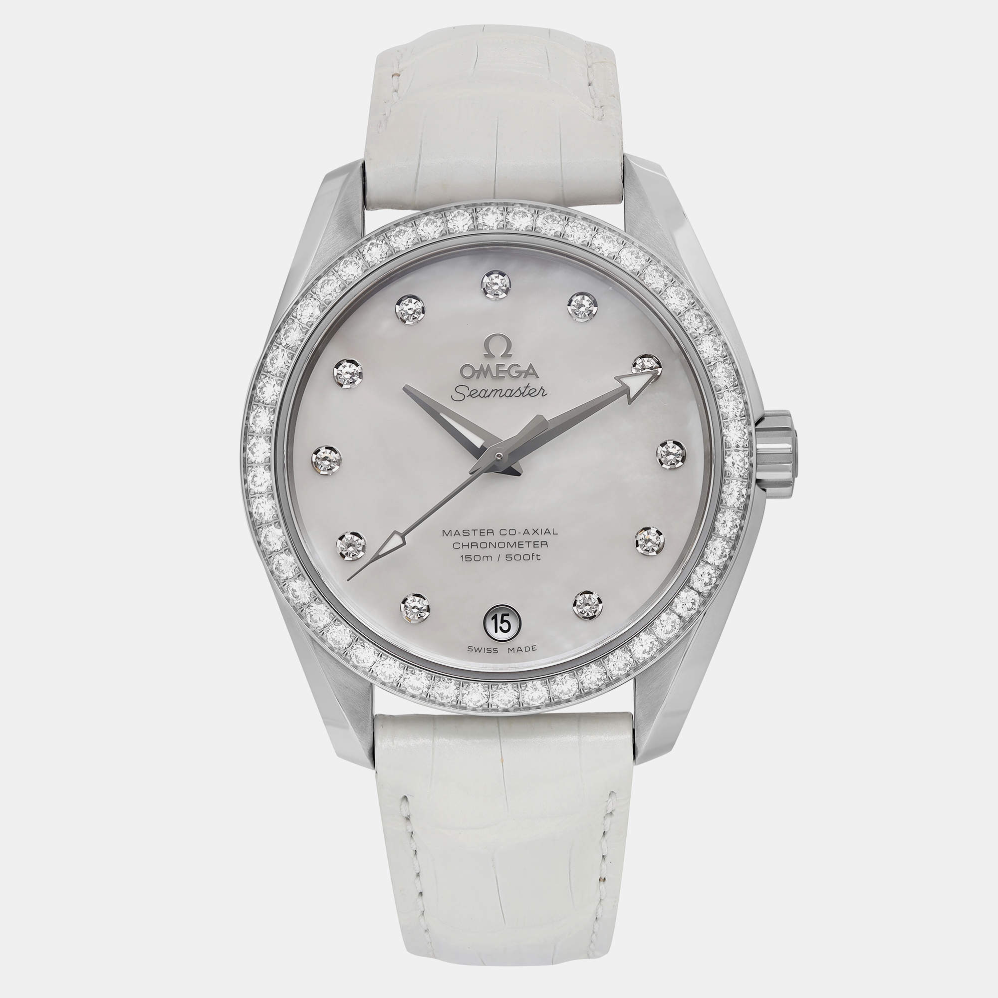 Omega White Stainless Steel Diamond Seamaster Aqua Terra 231.18.39.21.55.001 Automatic Women's Wristwatch 38mm