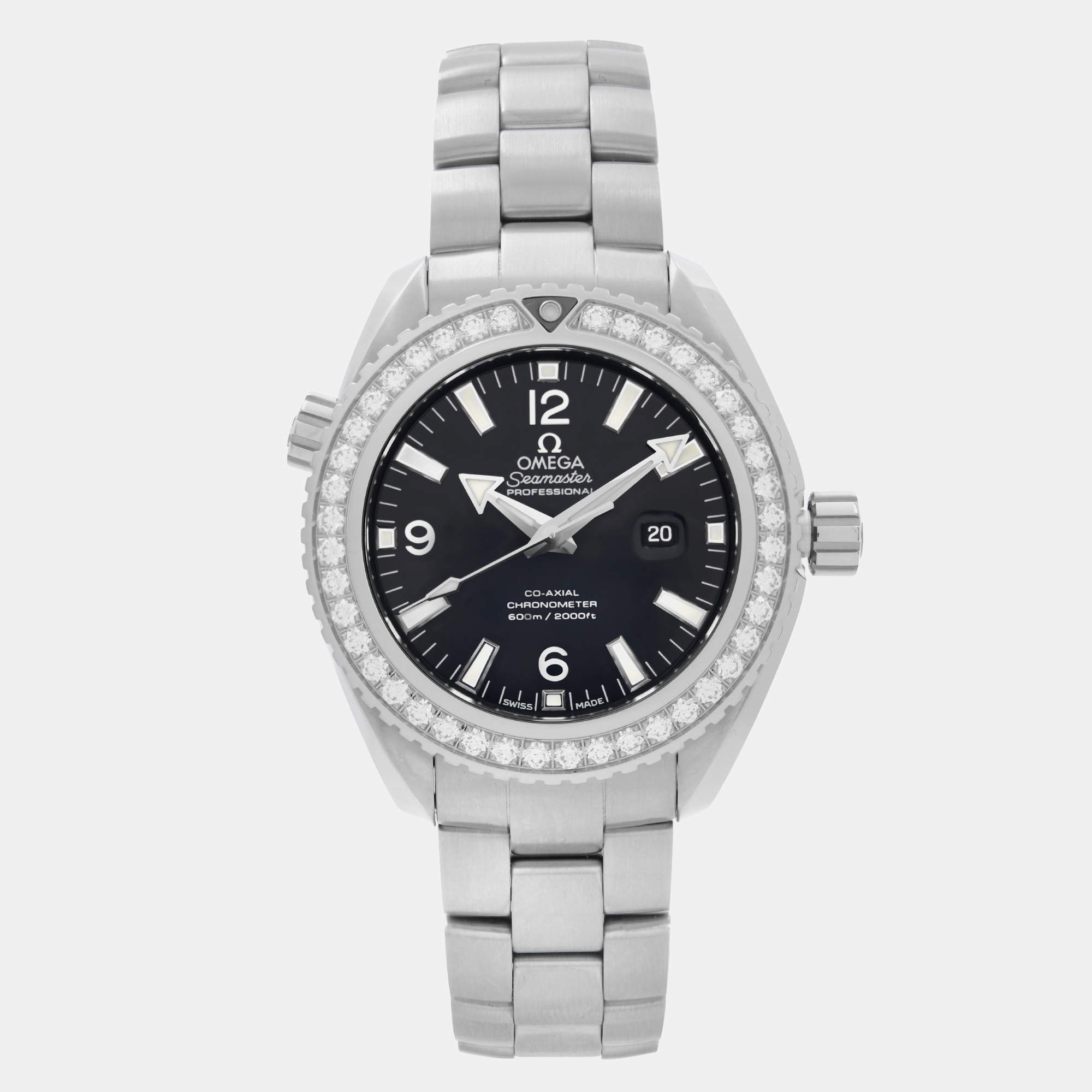 Omega Black Stainless Steel Diamond Seamaster Planet Ocean 232.15.38.20.01.001 Automatic Women's Wristwatch 38mm