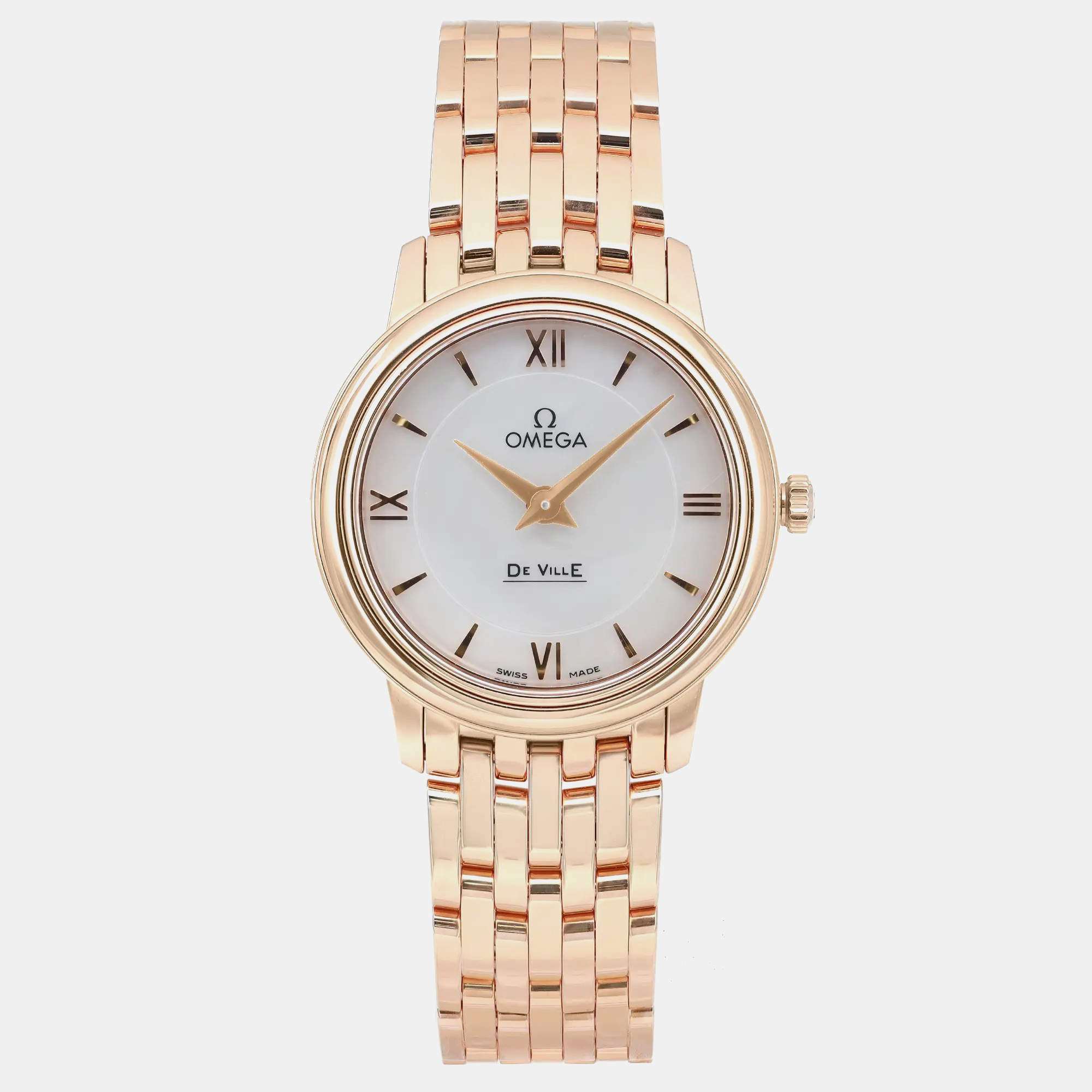 Omega White 18K Rose Gold De Ville Prestige 424.50.27.60.05.002 Quartz Women's Wristwatch 27.4mm