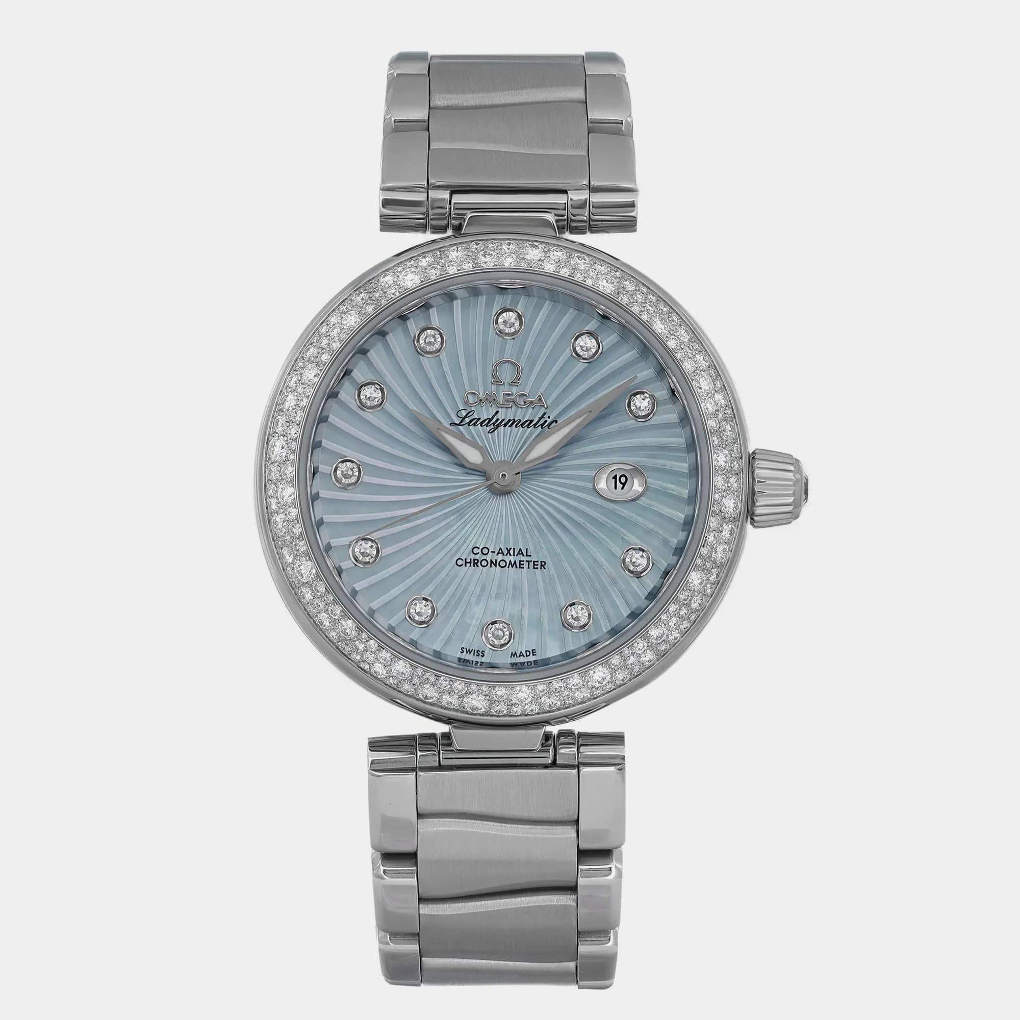 Omega Blue MOP Diamond Stainless Steel De Ville Ladymatic Automatic Women's Wristwatch 34 mm