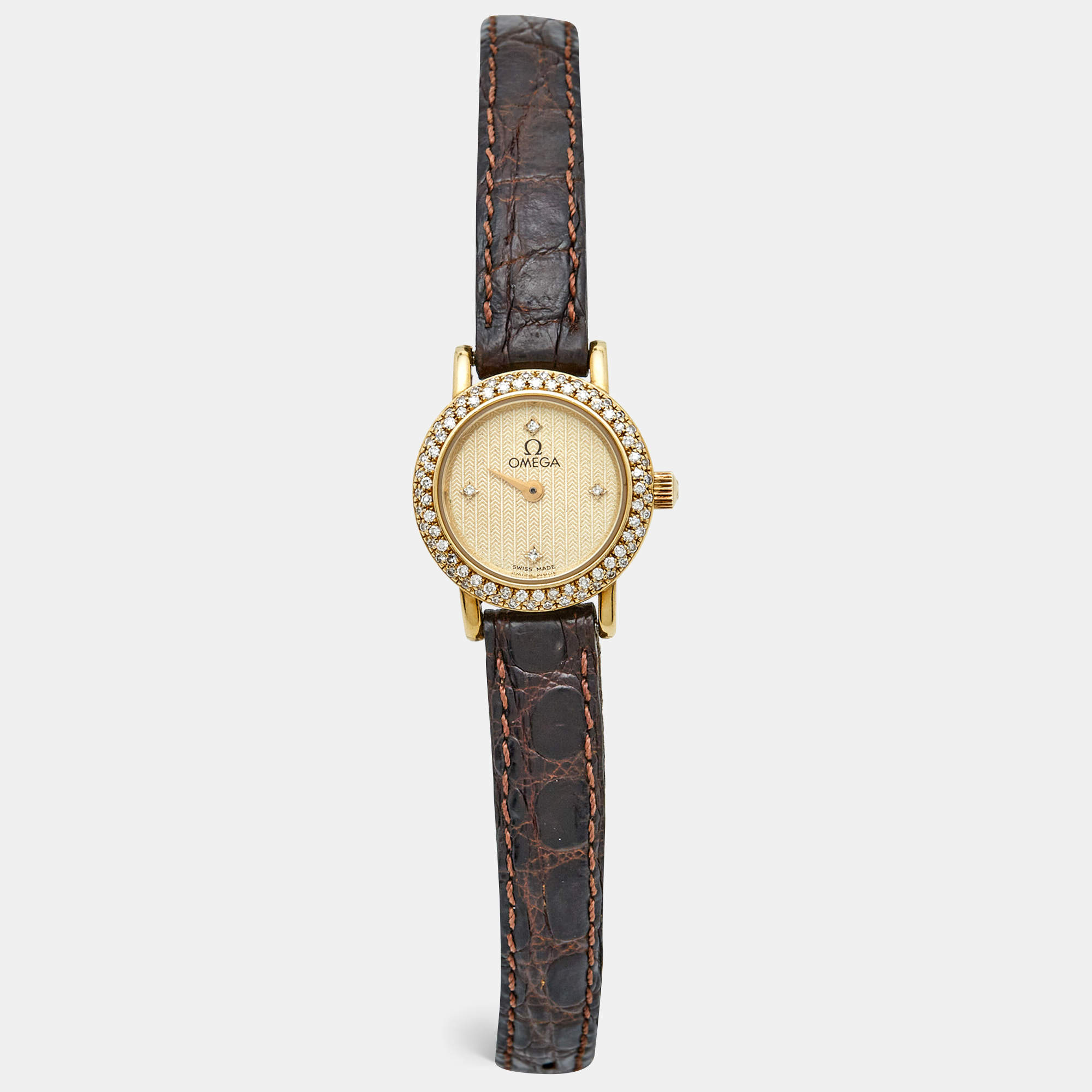 Pre Owned Omega Champagne Diamond 18k Yellow Gold Alligator Vintage DeVille 1450 Women's Wristwatch 19 mm