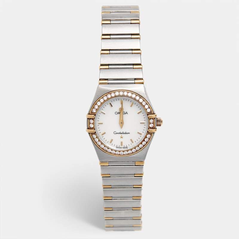 Pre Owned Omega Mother Of Pearl Diamond 18K Yellow Gold Stainless Steel Constellation 1277.70.00 Women's Wristwatch 25.50 mm