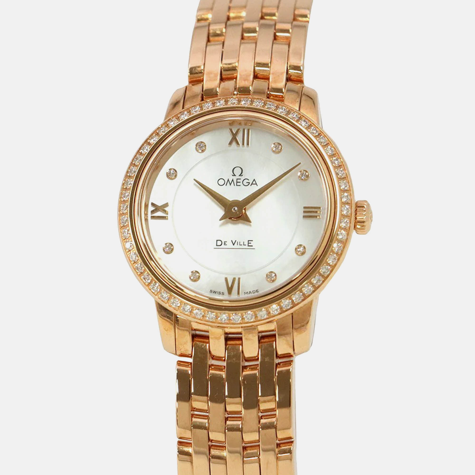 Pre Owned Omega De Ville Prestige 424.55.24.60.55.002 Quartz White MOP 18K Rose Gold Women's Wristwatch 24 mm