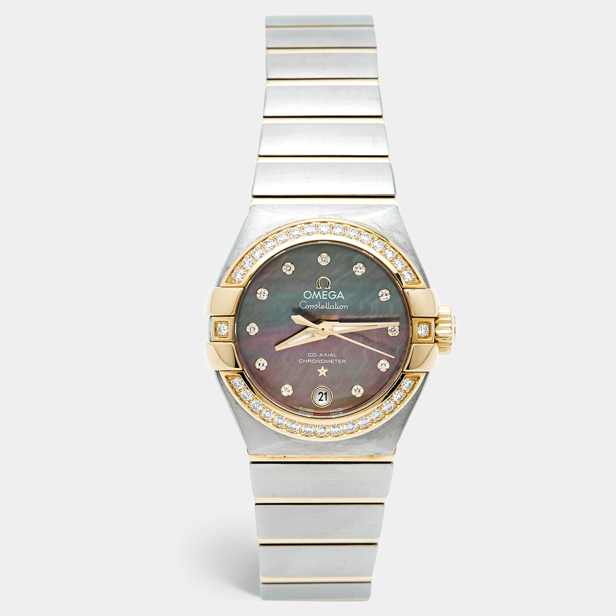 Pre Owned Omega Constellation 123.28.27.20.57.007 Tahiti Grey Mother Of Pearl Diamond Stainless Steel Women's Wristwatch 27 mm