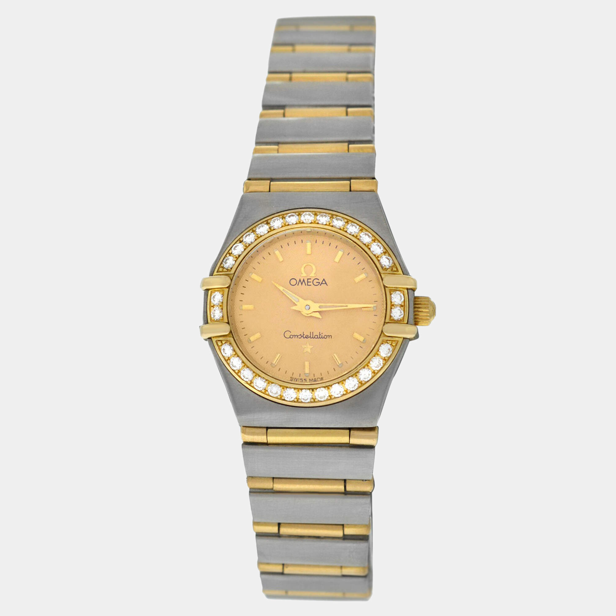 Pre Owned Omega Constellation 1367.10.00 Quartz Champagne 18k Yellow Gold Stainless Steel Diamond Women's Wristwatch 22 mm