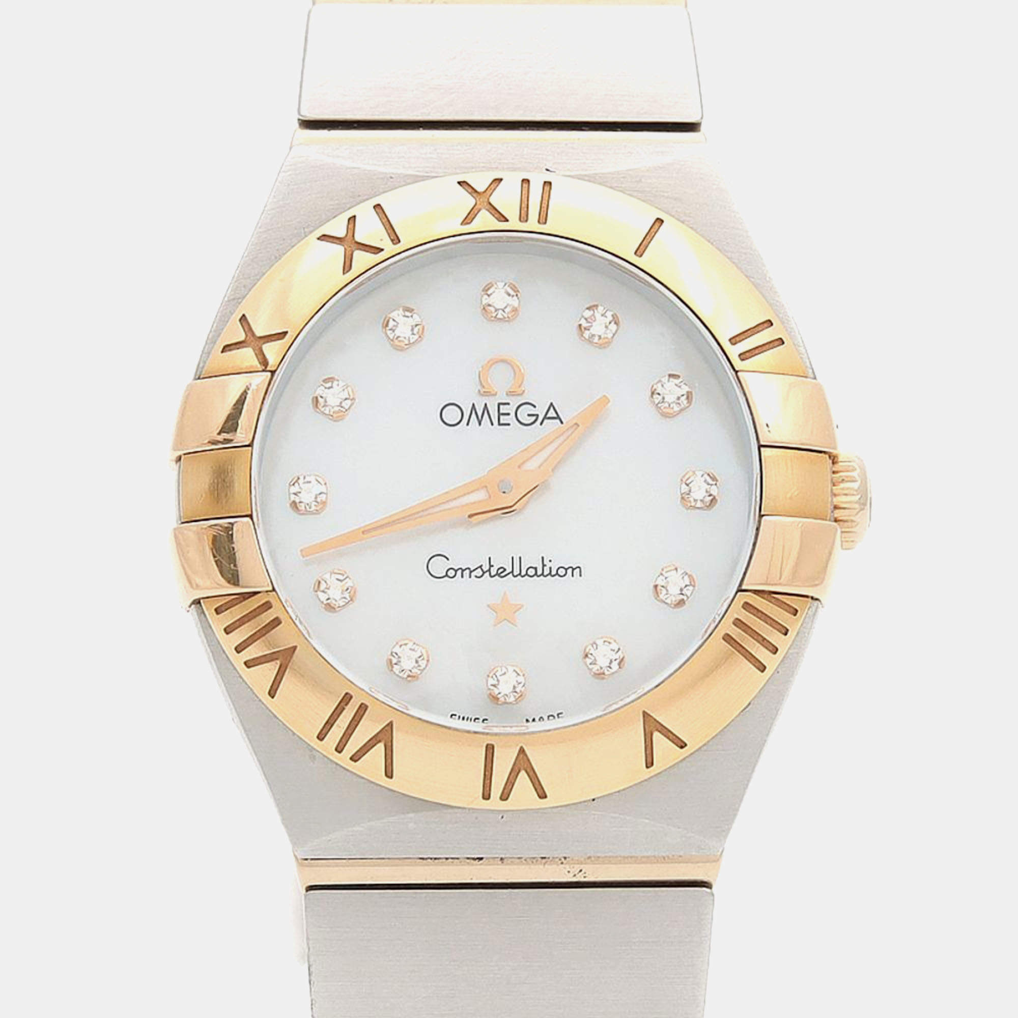 Pre Owned Omega Constellation 123.20.24 Quartz MOP Rose Gold Stainless Steel Womens Wristwatch 25 mm
