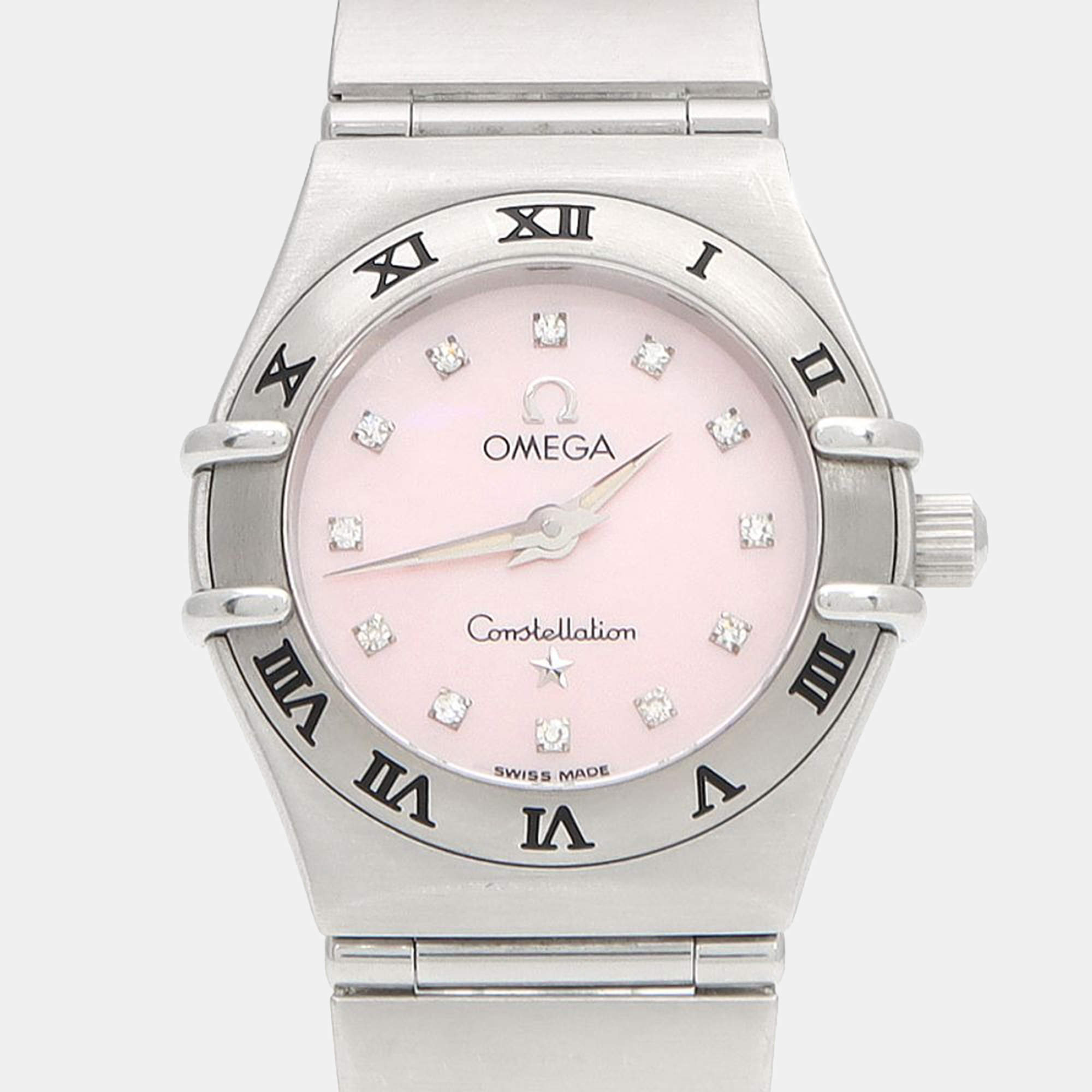 مملوكة مسبقًا ساعة يد نسائية أوميغا كونستليشن ستانلس ستيل مرصعة بالألماس ذات وجه لؤلؤي 22.5 ملم
