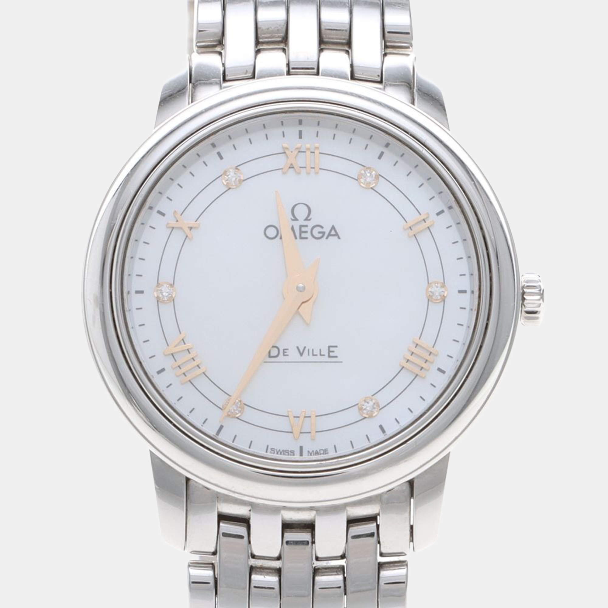 Pre Owned Omega De Ville Prestige 424.10.27 Quartz White Diamonds Stainless Steel Women's Wristwatch 27mm