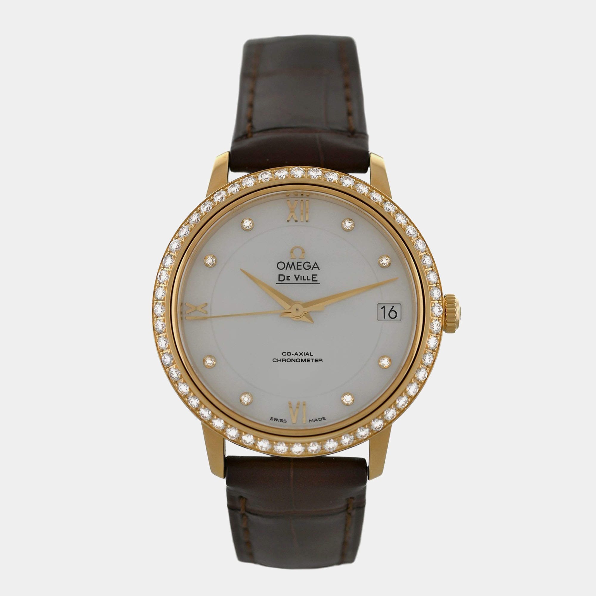 Pre Owned Omega De Ville Prestige 42458332055002 Automatic White diamonds 18k yellow gold Women's Wristwatch 33 mm